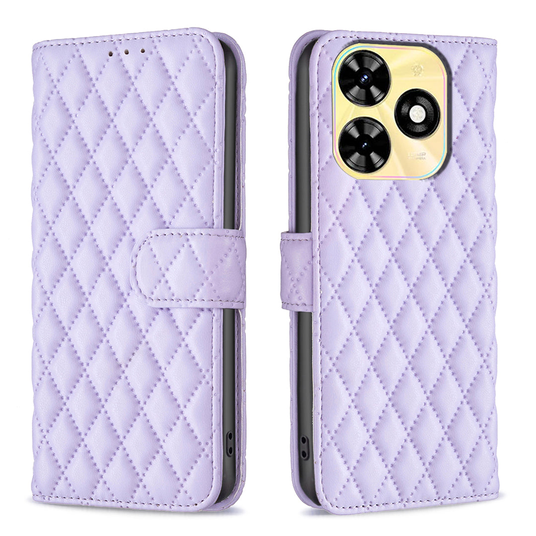 BINFEN COLOR BF Style-14 For Transsion Infinix Smart 8 4G Wallet Leather Case Rhombus Grid Pattern - Purple
