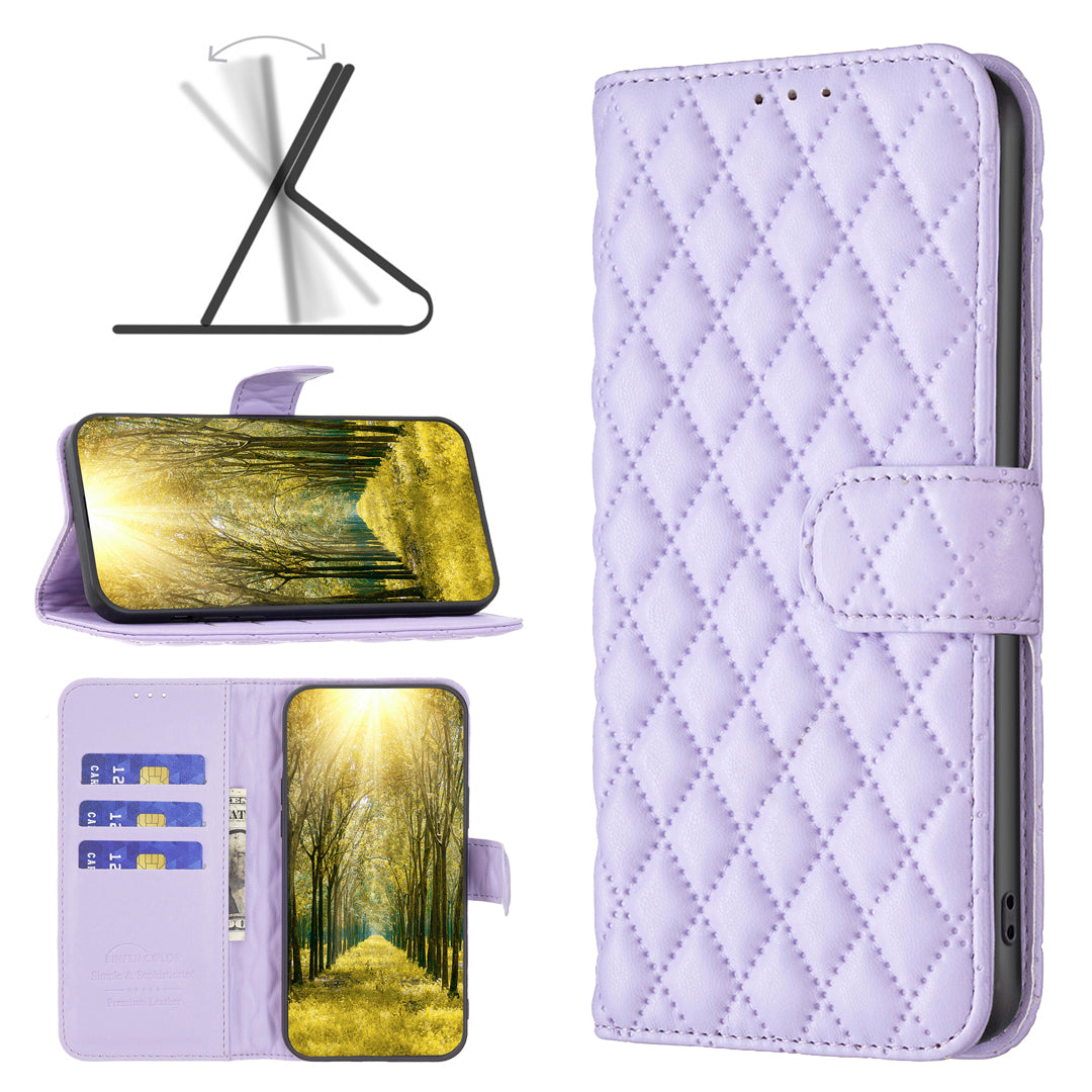 BINFEN COLOR BF Style-14 For Transsion Infinix Smart 8 4G Wallet Leather Case Rhombus Grid Pattern - Purple