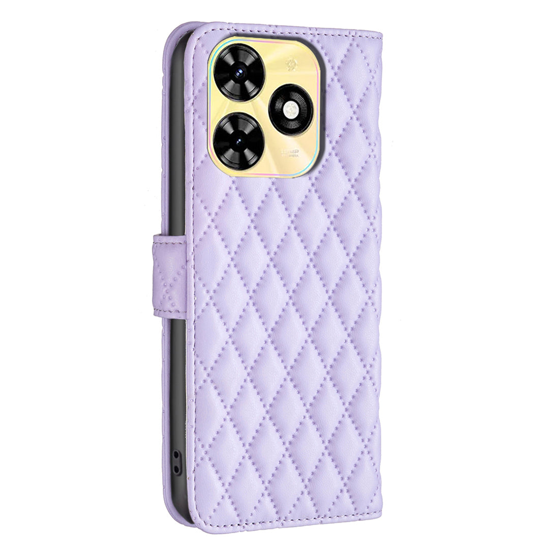 BINFEN COLOR BF Style-14 For Transsion Infinix Smart 8 4G Wallet Leather Case Rhombus Grid Pattern - Purple