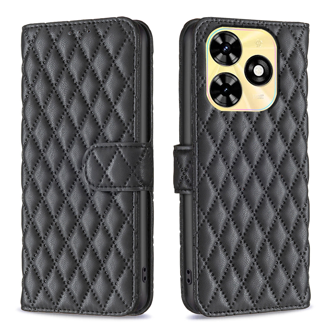 BINFEN COLOR BF Style-14 For Transsion Infinix Smart 8 4G Wallet Leather Case Rhombus Grid Pattern - Purple
