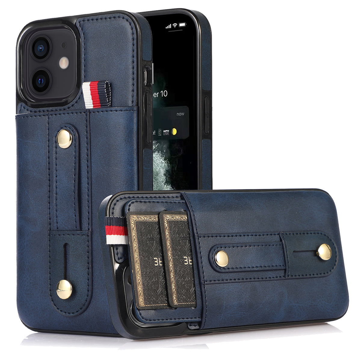 For iPhone 11 Case Hidden Card Holder PU Leather+TPU Cellphone Cover with Finger Strap Kickstand - Blue