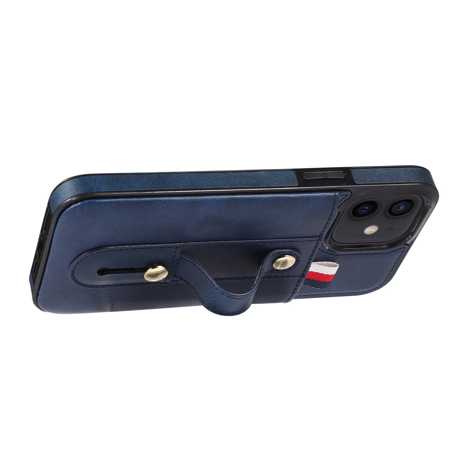 For iPhone 11 Case Hidden Card Holder PU Leather+TPU Cellphone Cover with Finger Strap Kickstand - Blue