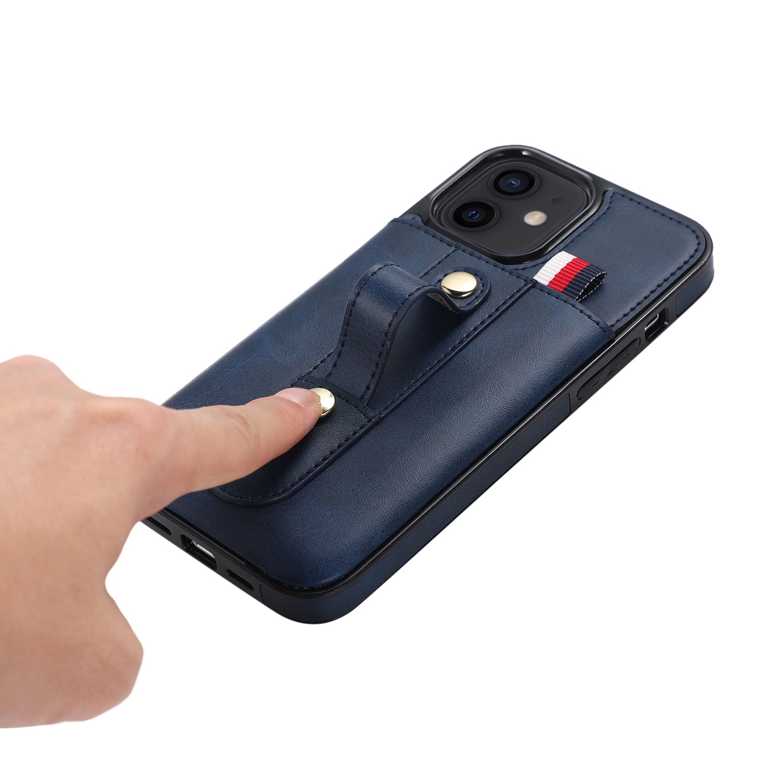 For iPhone 11 Case Hidden Card Holder PU Leather+TPU Cellphone Cover with Finger Strap Kickstand - Blue