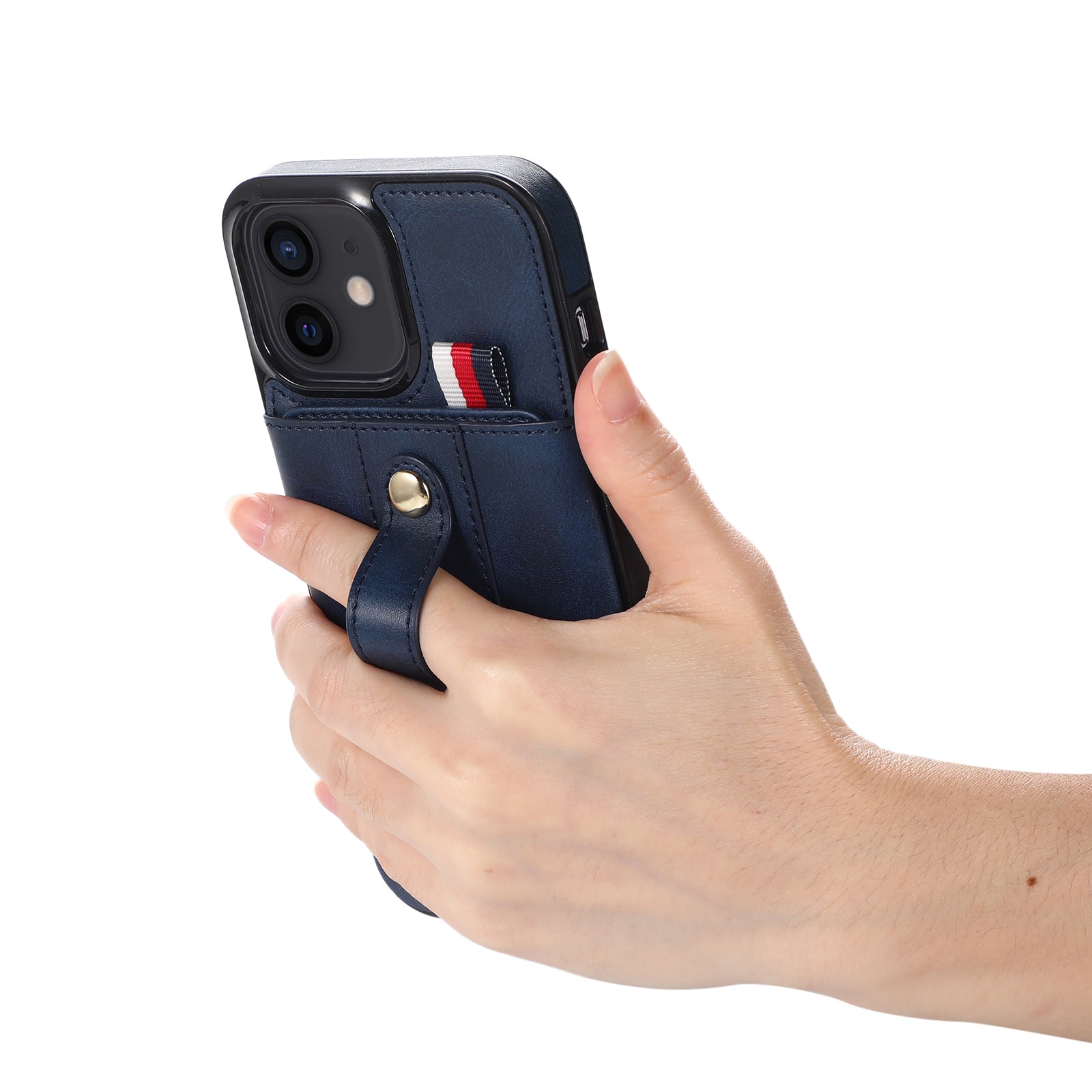 For iPhone 11 Case Hidden Card Holder PU Leather+TPU Cellphone Cover with Finger Strap Kickstand - Blue