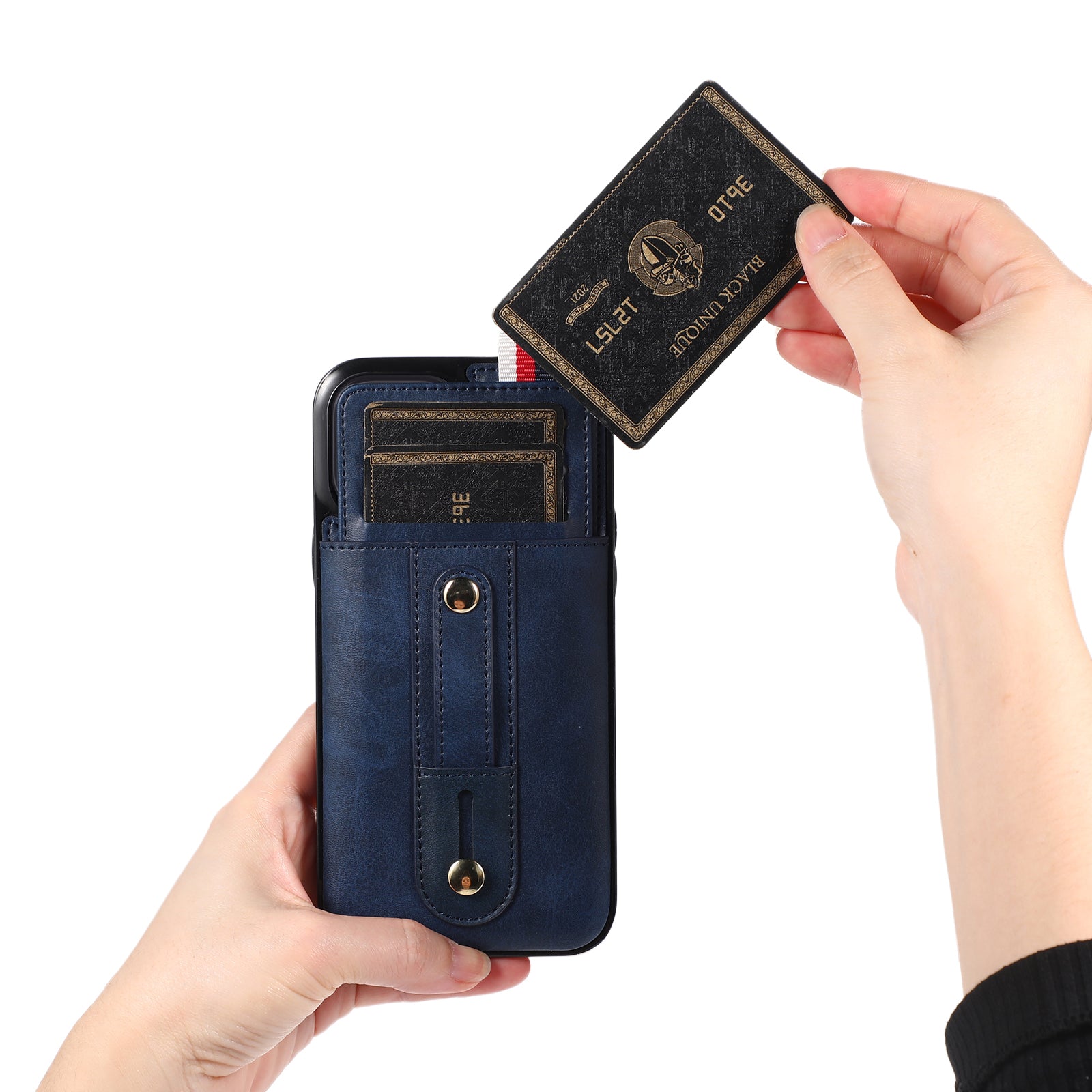For iPhone 11 Case Hidden Card Holder PU Leather+TPU Cellphone Cover with Finger Strap Kickstand - Blue