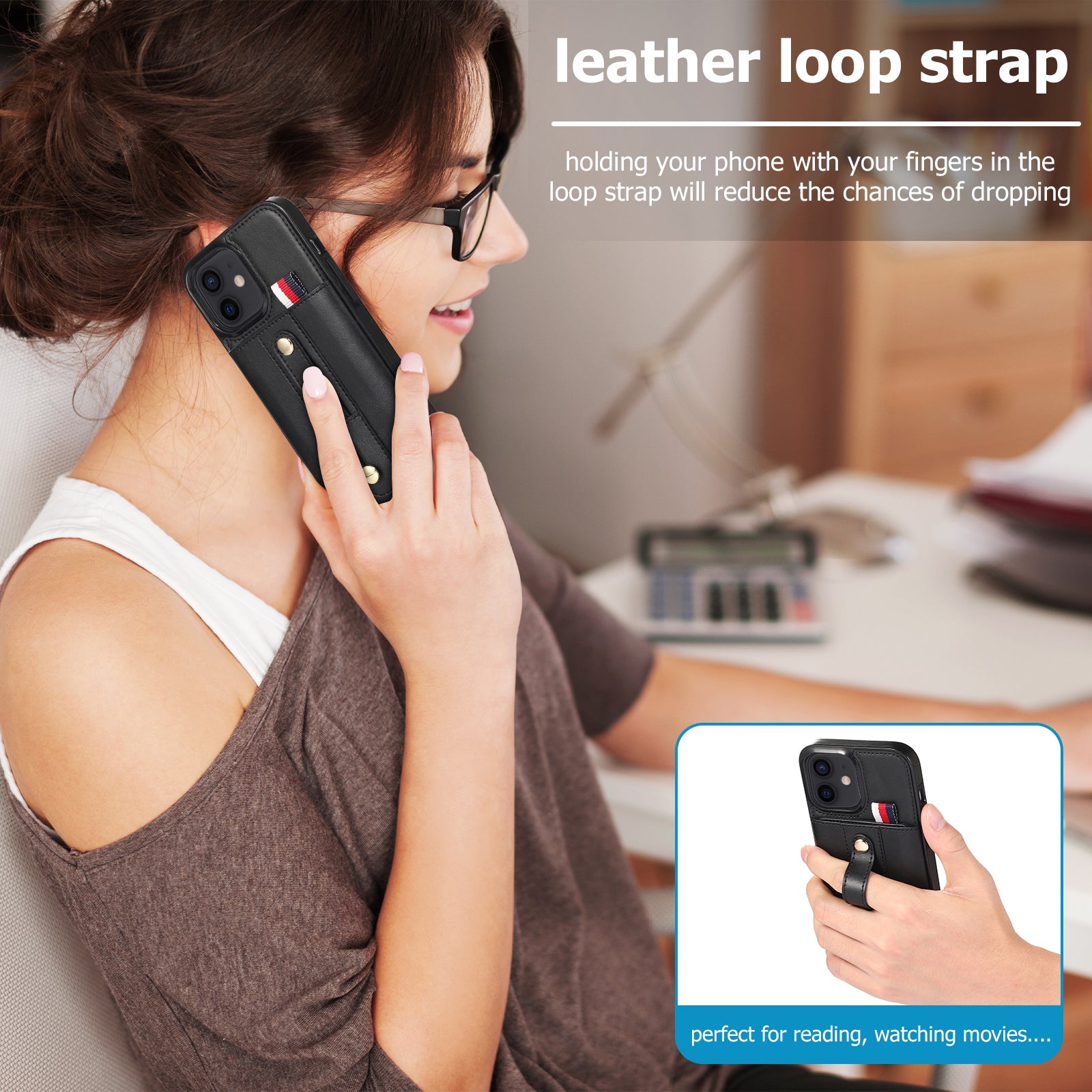 For iPhone 11 Case Hidden Card Holder PU Leather+TPU Cellphone Cover with Finger Strap Kickstand - Blue