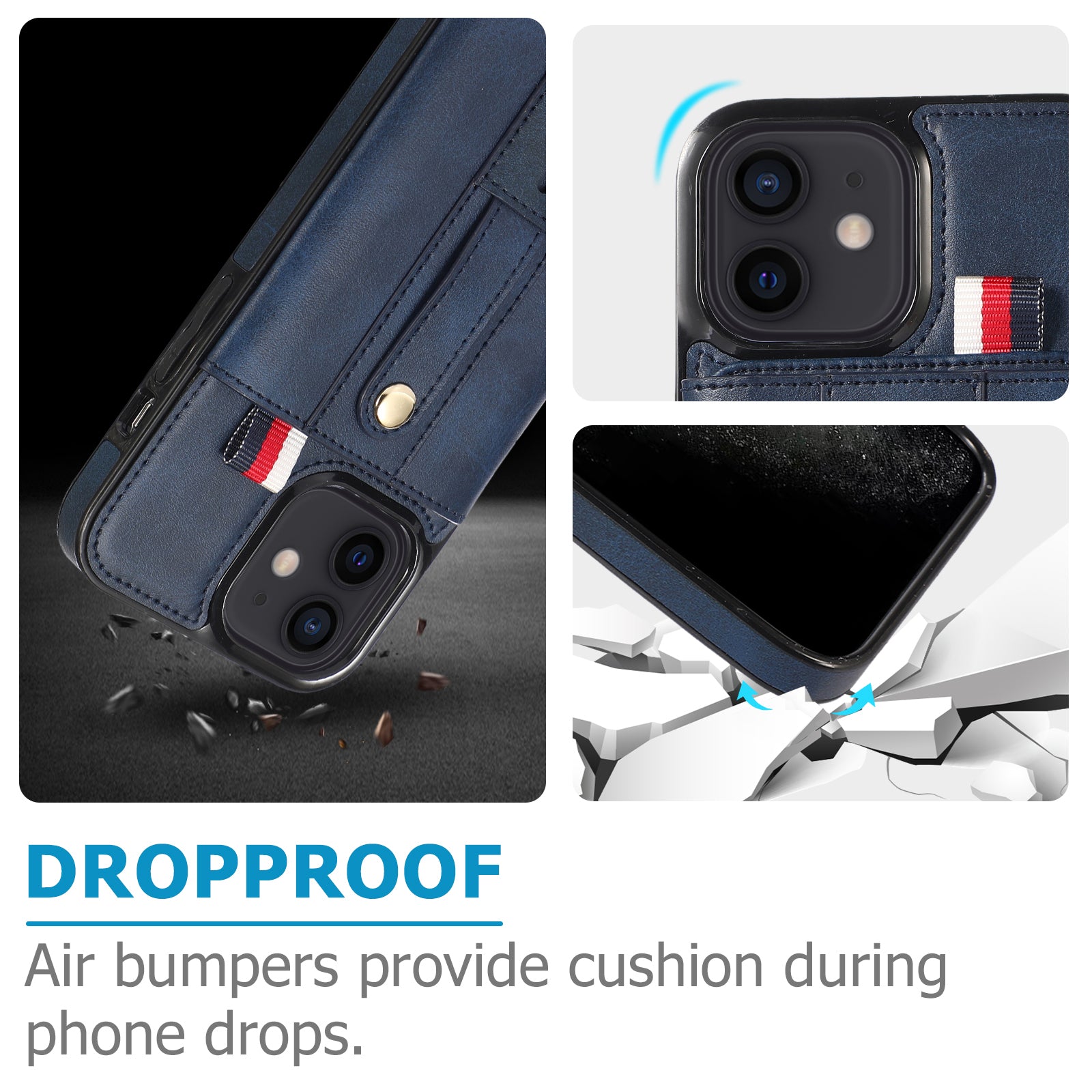 For iPhone 11 Case Hidden Card Holder PU Leather+TPU Cellphone Cover with Finger Strap Kickstand - Blue