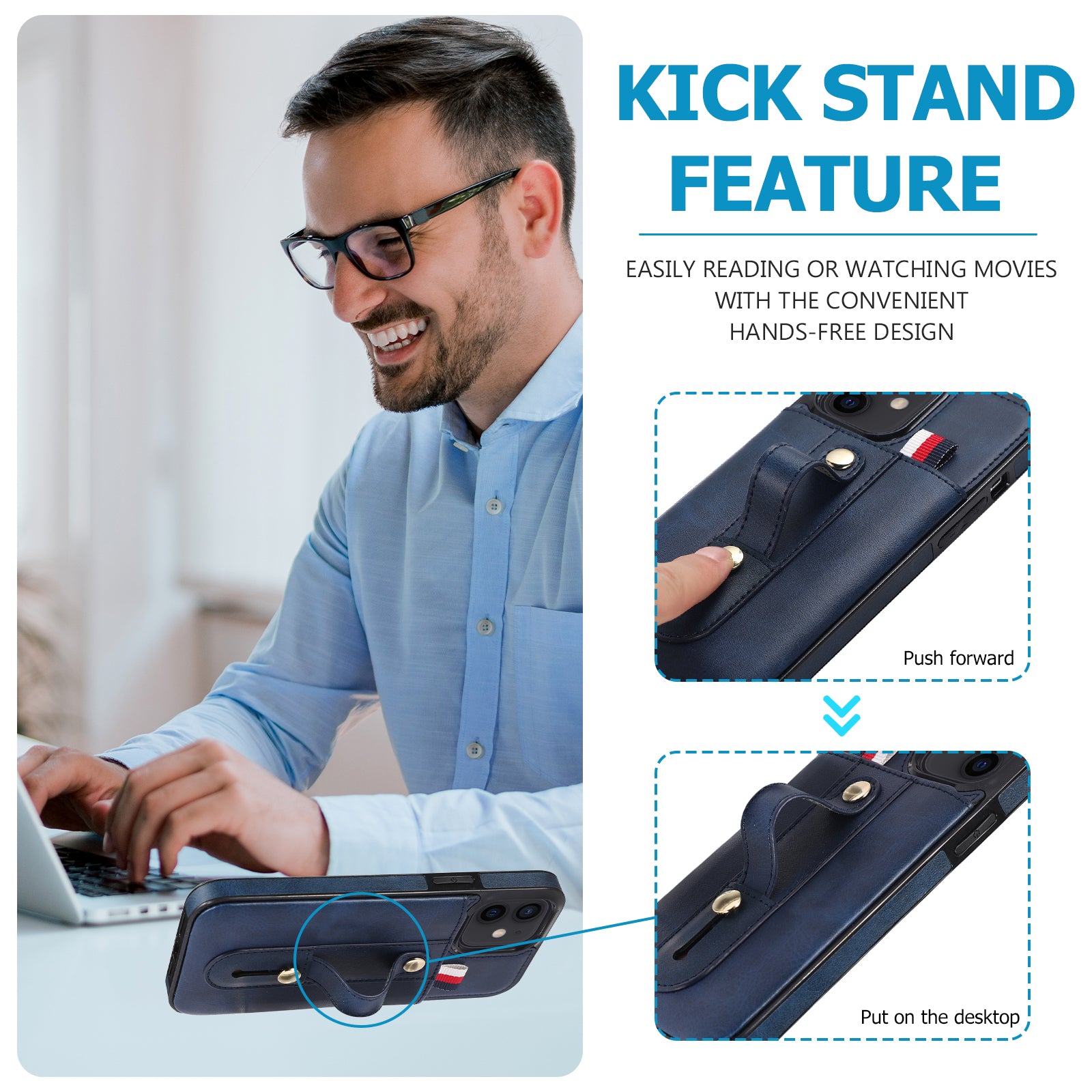 For iPhone 11 Case Hidden Card Holder PU Leather+TPU Cellphone Cover with Finger Strap Kickstand - Blue