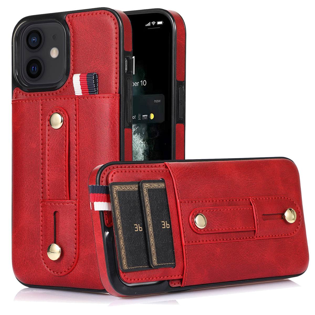 For iPhone 11 Case Hidden Card Holder PU Leather+TPU Cellphone Cover with Finger Strap Kickstand - Blue