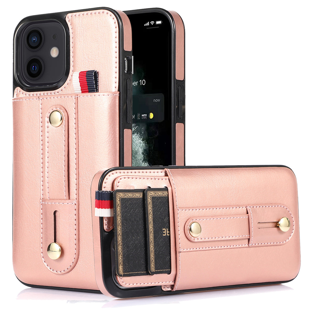 For iPhone 12 mini 5.4 inch Case Hidden Card Holder Shockproof PU Leather Coated TPU Phone Cover - Rose Gold