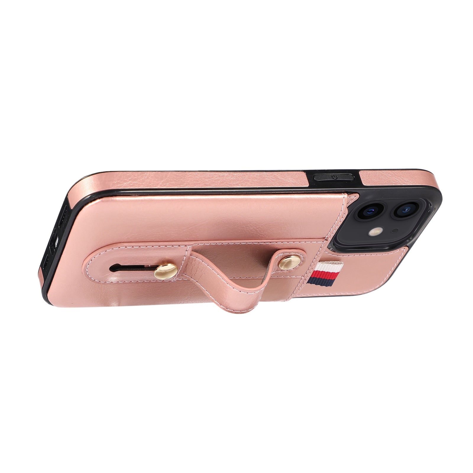 For iPhone 12 mini 5.4 inch Case Hidden Card Holder Shockproof PU Leather Coated TPU Phone Cover - Rose Gold