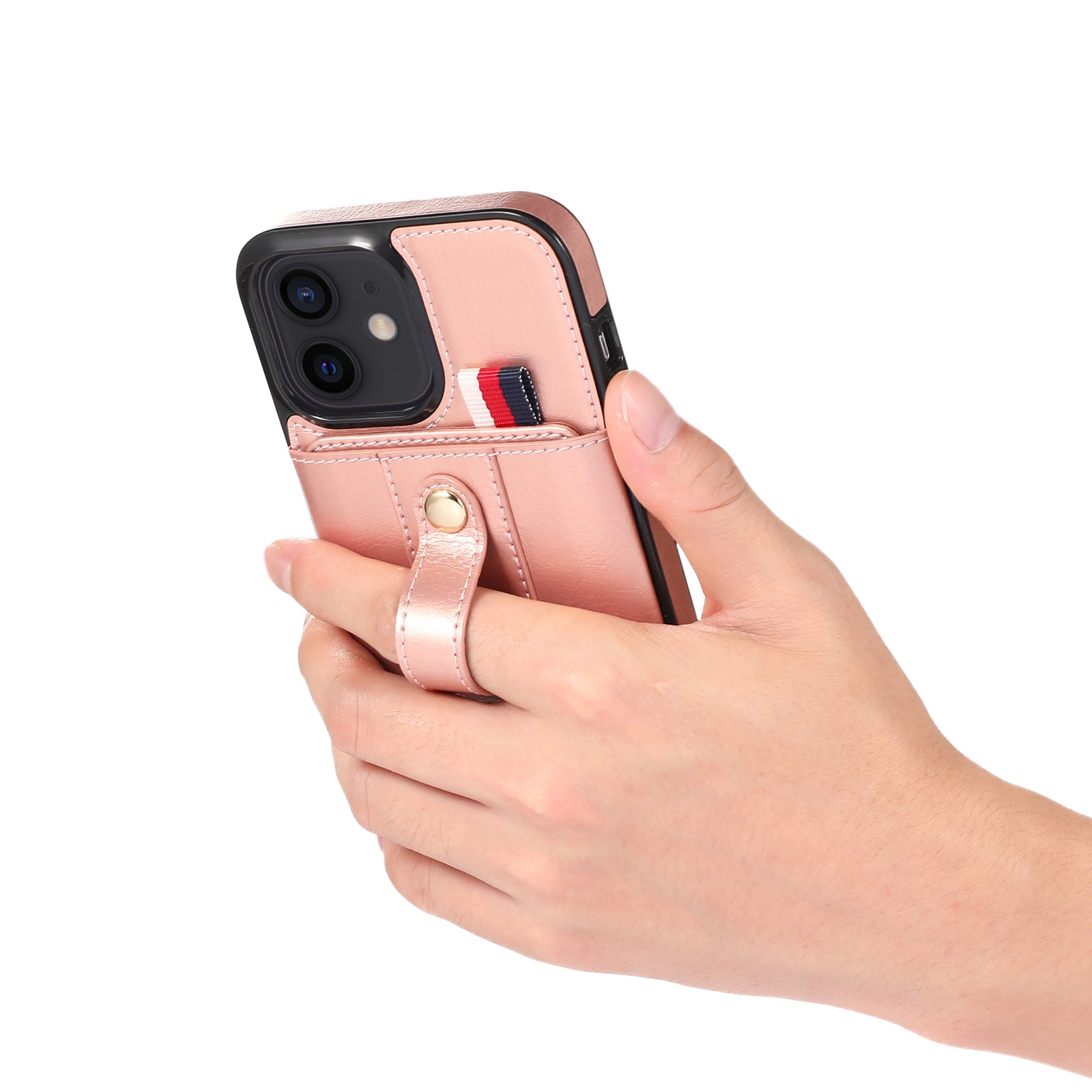 For iPhone 12 mini 5.4 inch Case Hidden Card Holder Shockproof PU Leather Coated TPU Phone Cover - Rose Gold