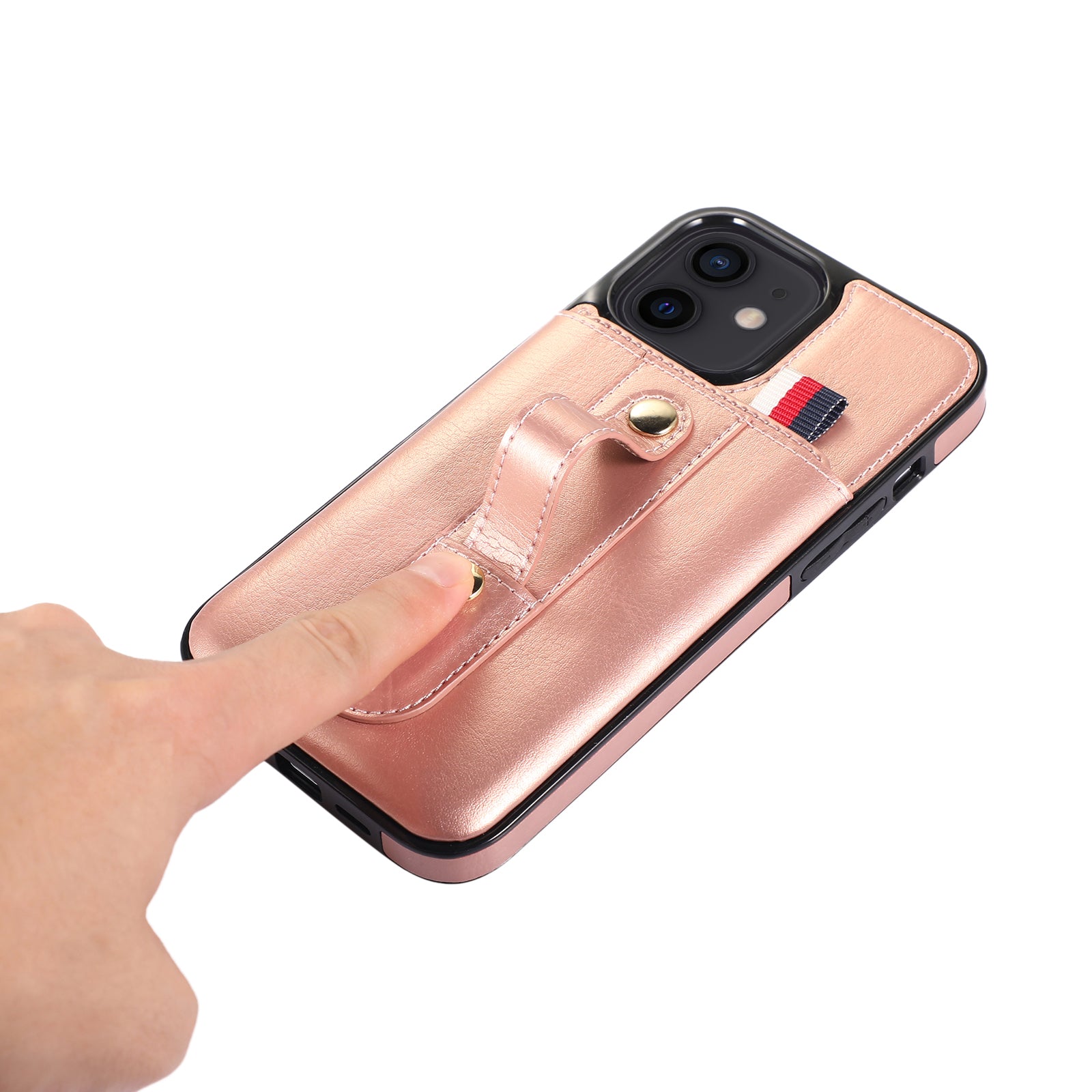 For iPhone 12 mini 5.4 inch Case Hidden Card Holder Shockproof PU Leather Coated TPU Phone Cover - Rose Gold