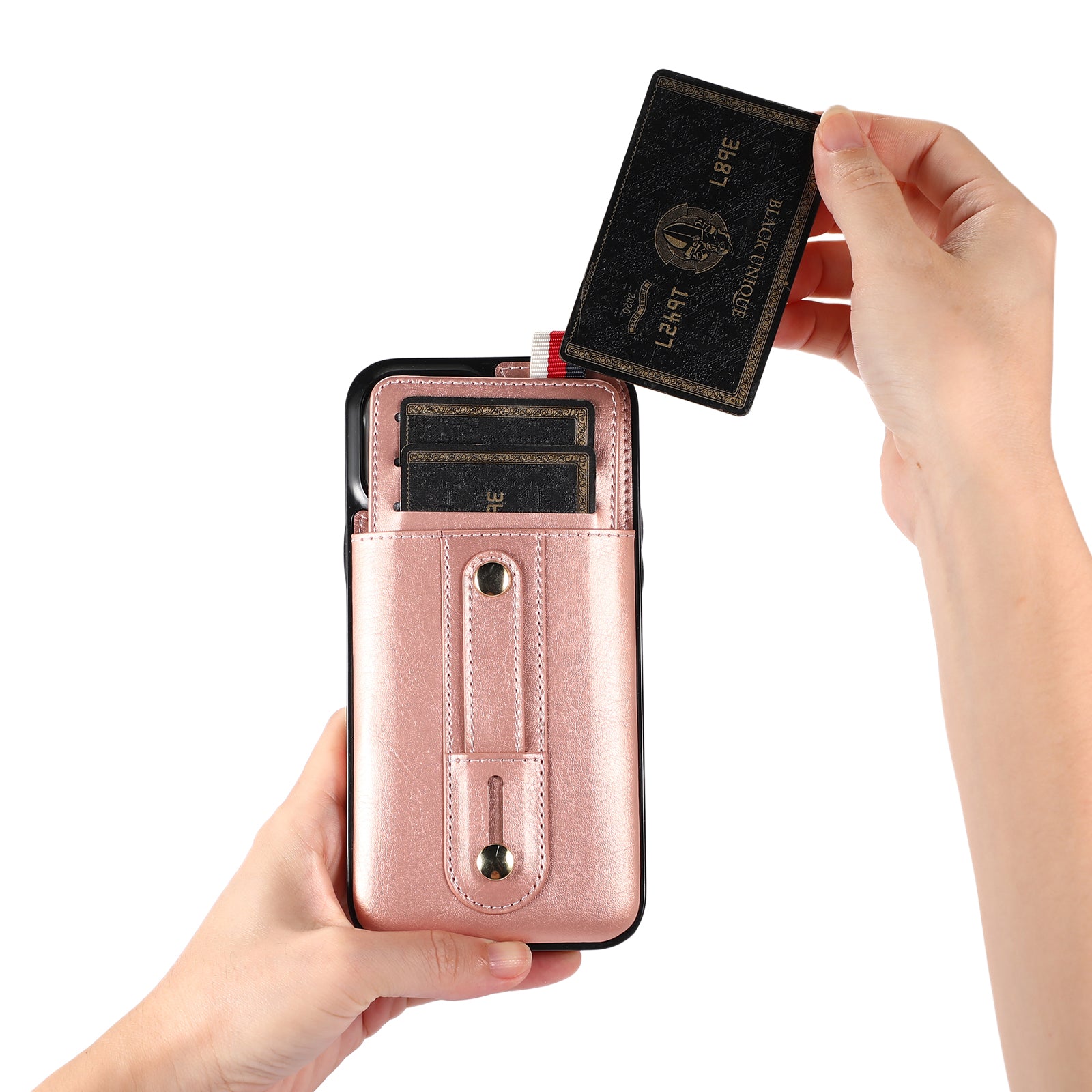 For iPhone 12 mini 5.4 inch Case Hidden Card Holder Shockproof PU Leather Coated TPU Phone Cover - Rose Gold