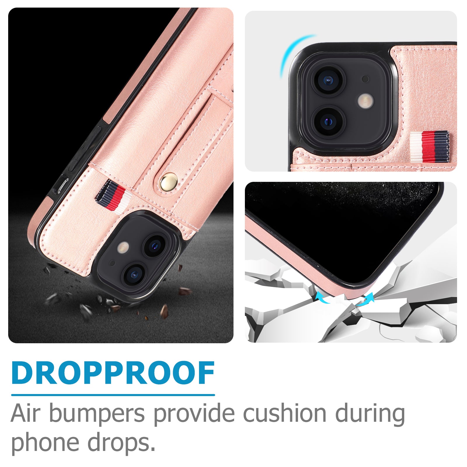 For iPhone 12 mini 5.4 inch Case Hidden Card Holder Shockproof PU Leather Coated TPU Phone Cover - Rose Gold