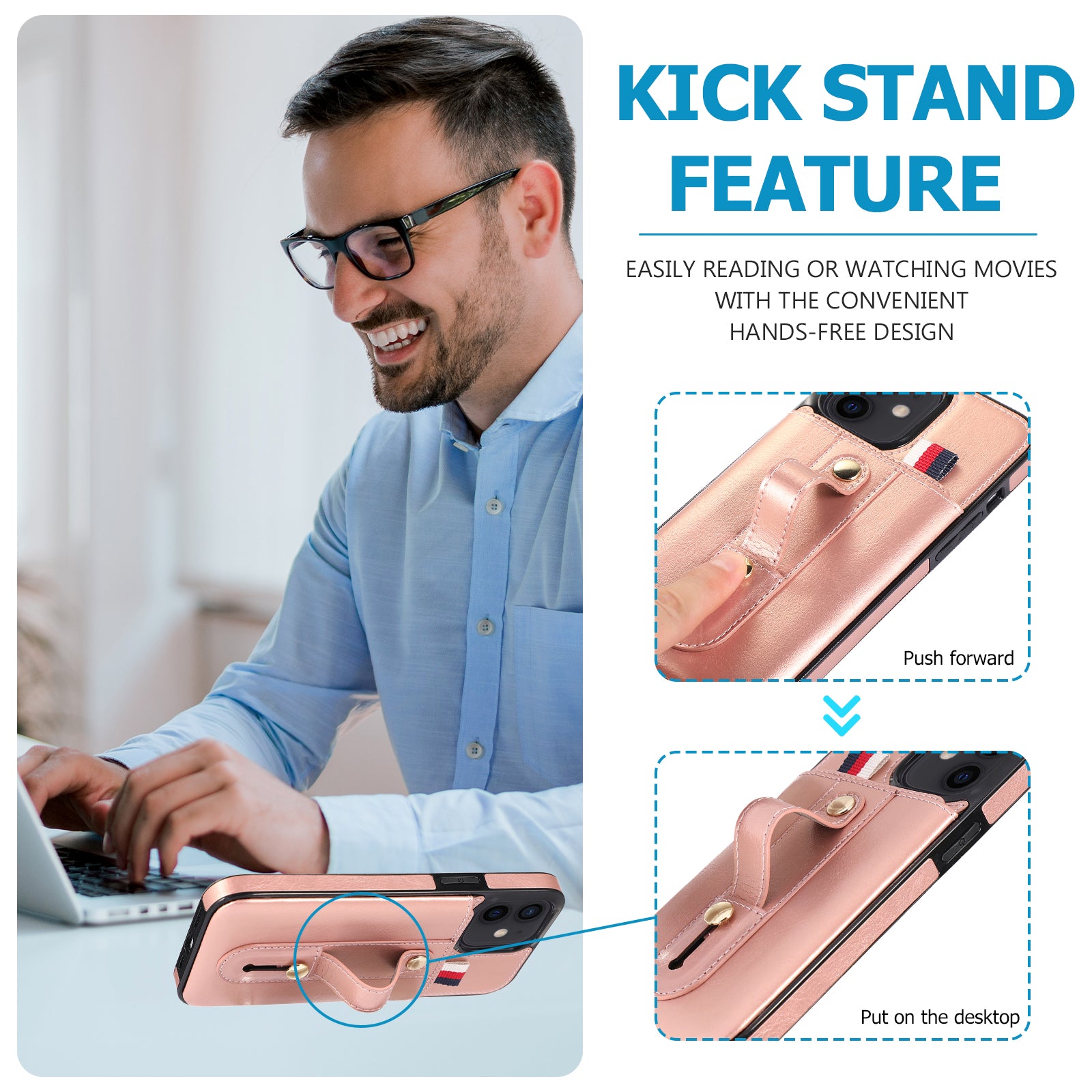 For iPhone 12 mini 5.4 inch Case Hidden Card Holder Shockproof PU Leather Coated TPU Phone Cover - Rose Gold
