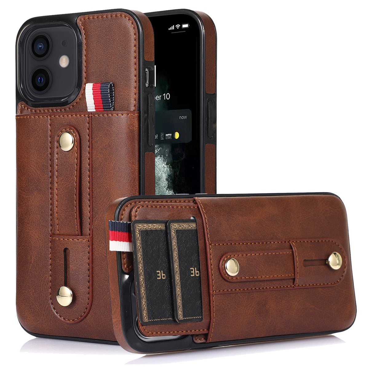 For iPhone 12 mini 5.4 inch Case Hidden Card Holder Shockproof PU Leather Coated TPU Phone Cover - Rose Gold