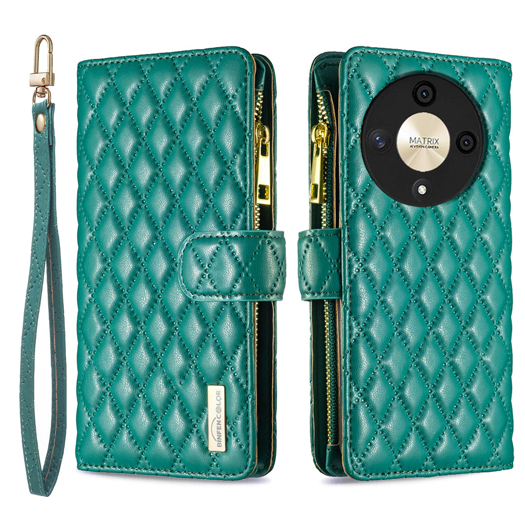 BINFEN COLOR BF Style-15 For Honor X9b 5G / Magic6 Lite 5G Phone Case Zipper Pocket Wallet Flip Cover - Green