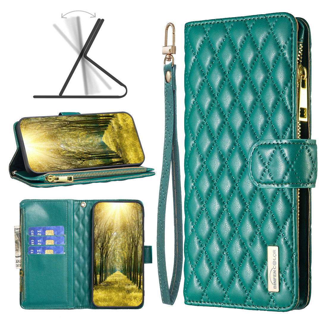 BINFEN COLOR BF Style-15 For Honor X9b 5G / Magic6 Lite 5G Phone Case Zipper Pocket Wallet Flip Cover - Green