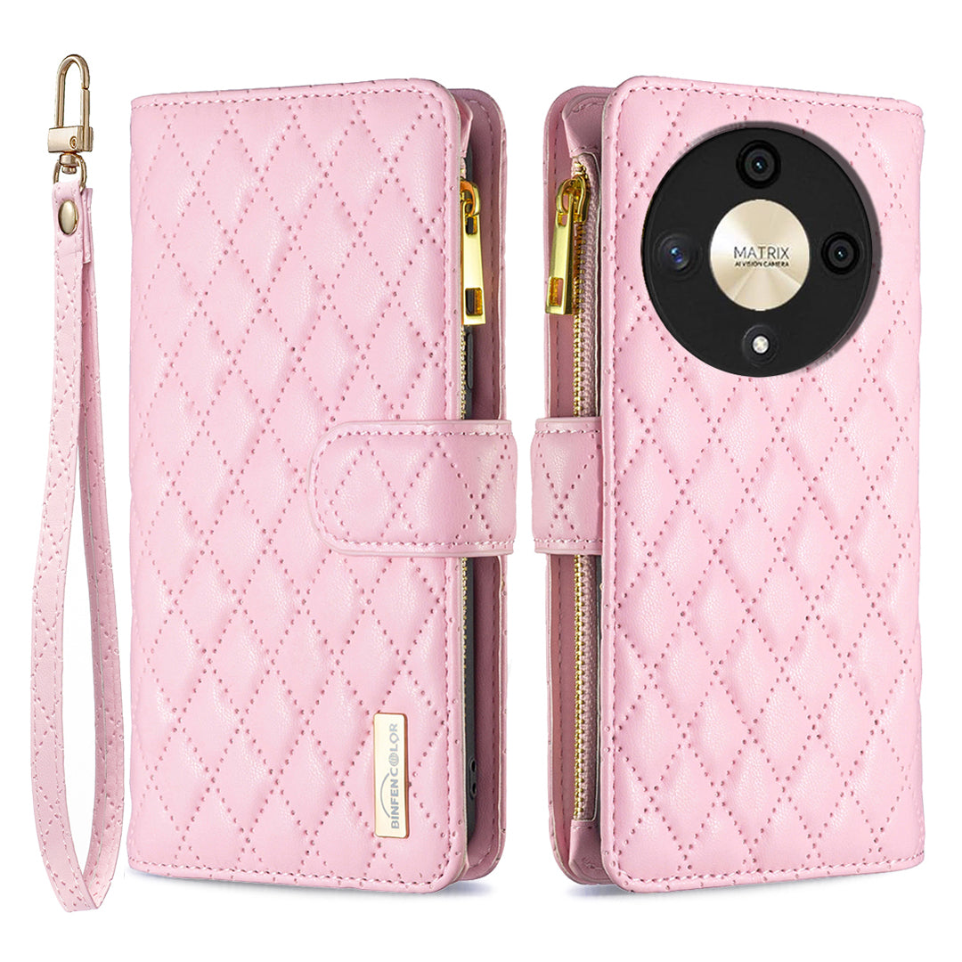 BINFEN COLOR BF Style-15 For Honor X9b 5G / Magic6 Lite 5G Phone Case Zipper Pocket Wallet Flip Cover - Green