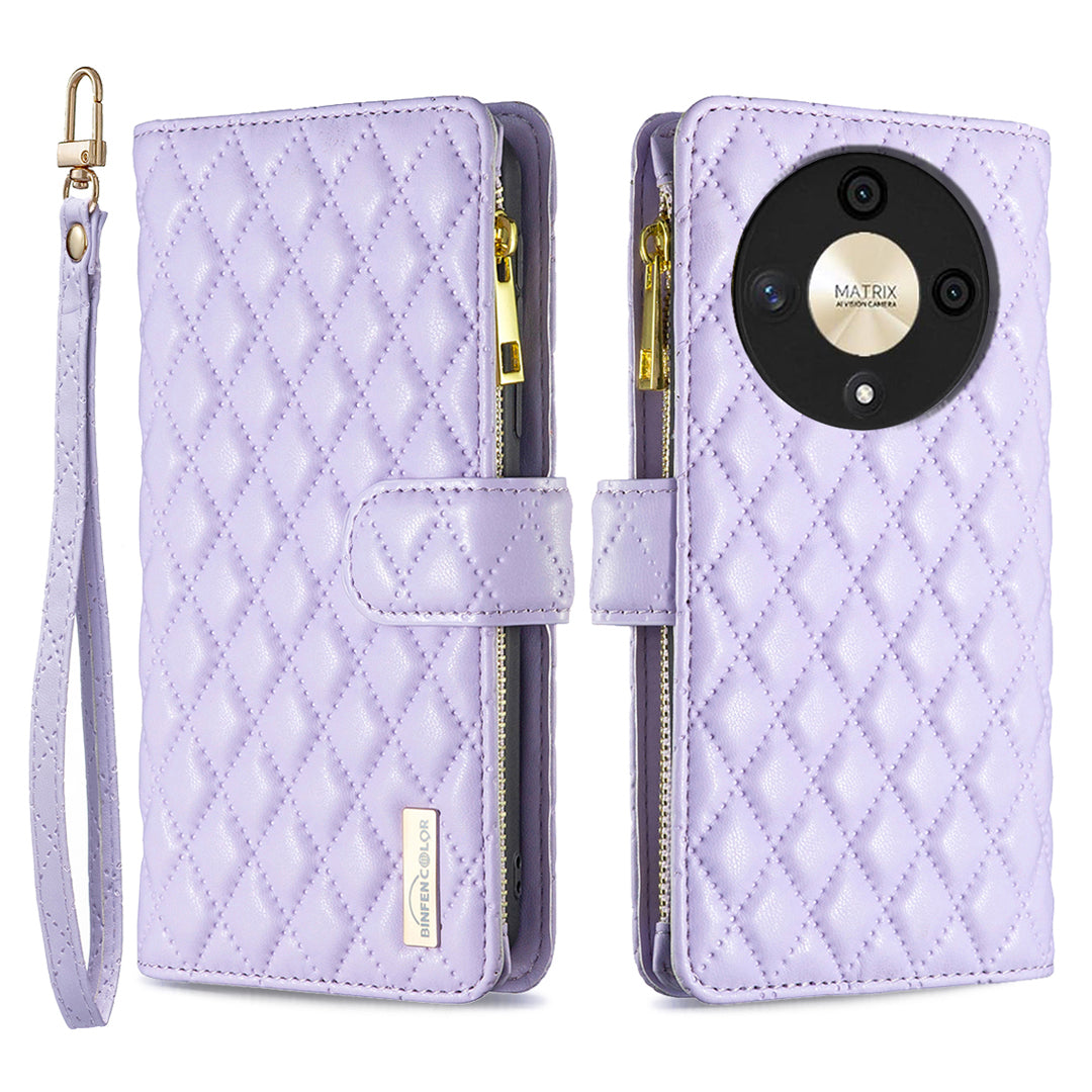 BINFEN COLOR BF Style-15 For Honor X9b 5G / Magic6 Lite 5G Phone Case Zipper Pocket Wallet Flip Cover - Green