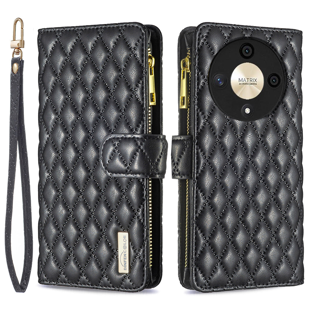 BINFEN COLOR BF Style-15 For Honor X9b 5G / Magic6 Lite 5G Phone Case Zipper Pocket Wallet Flip Cover - Green