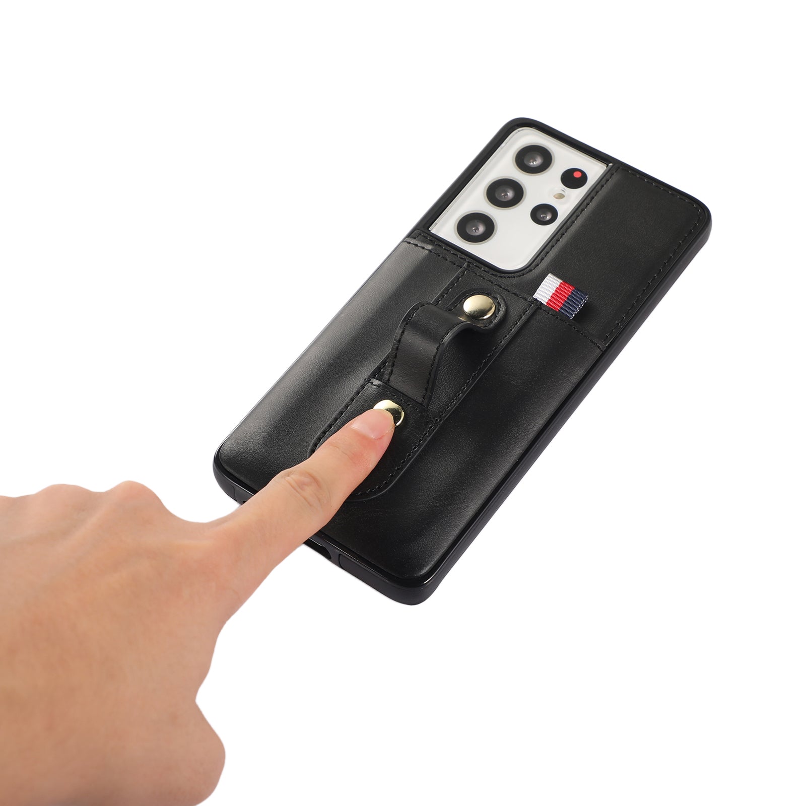 For Samsung Galaxy S21 Ultra 5G Case Drop-proof Card Holder Phone Cover with Retractable Strap Kickstand - Black