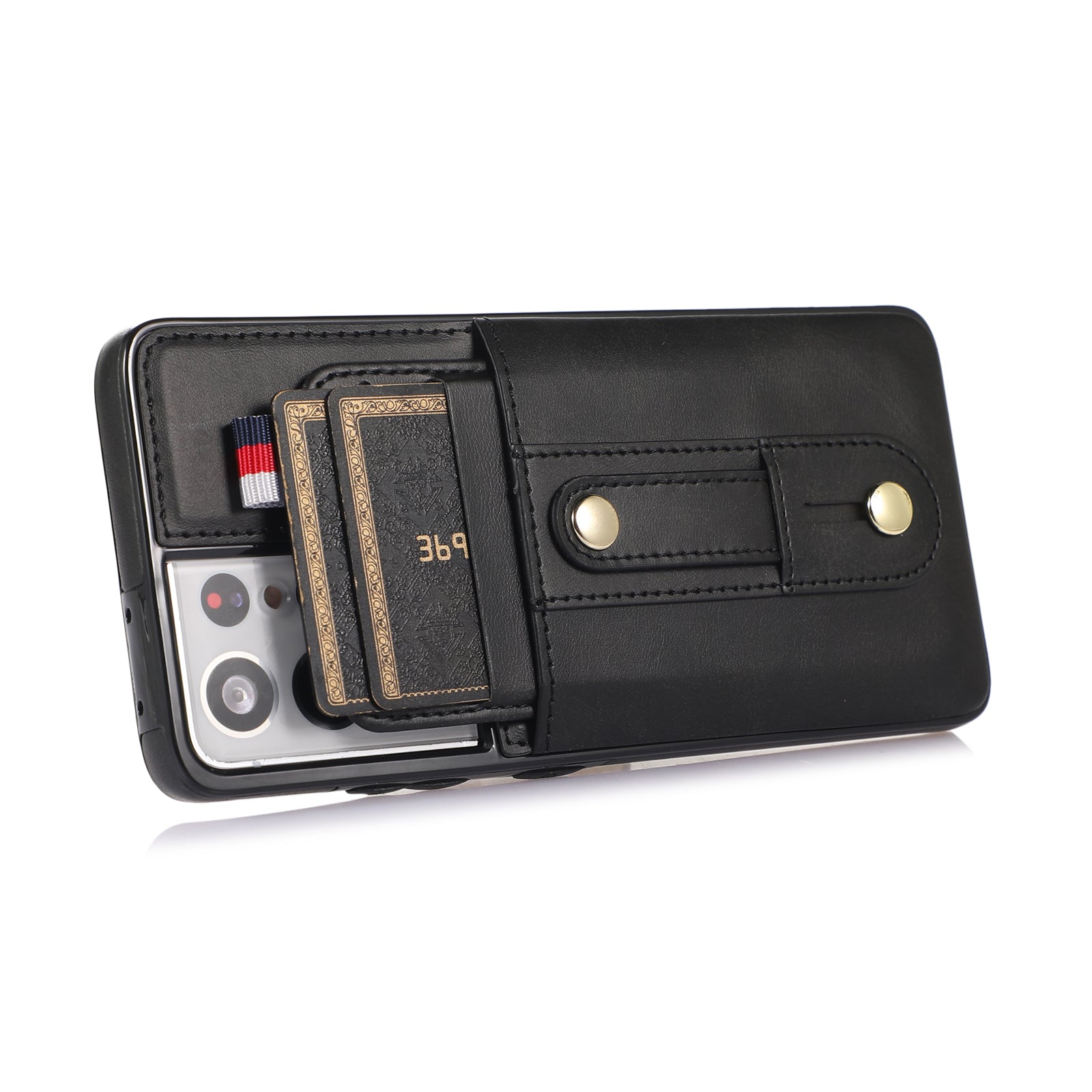 For Samsung Galaxy S21 Ultra 5G Case Drop-proof Card Holder Phone Cover with Retractable Strap Kickstand - Black