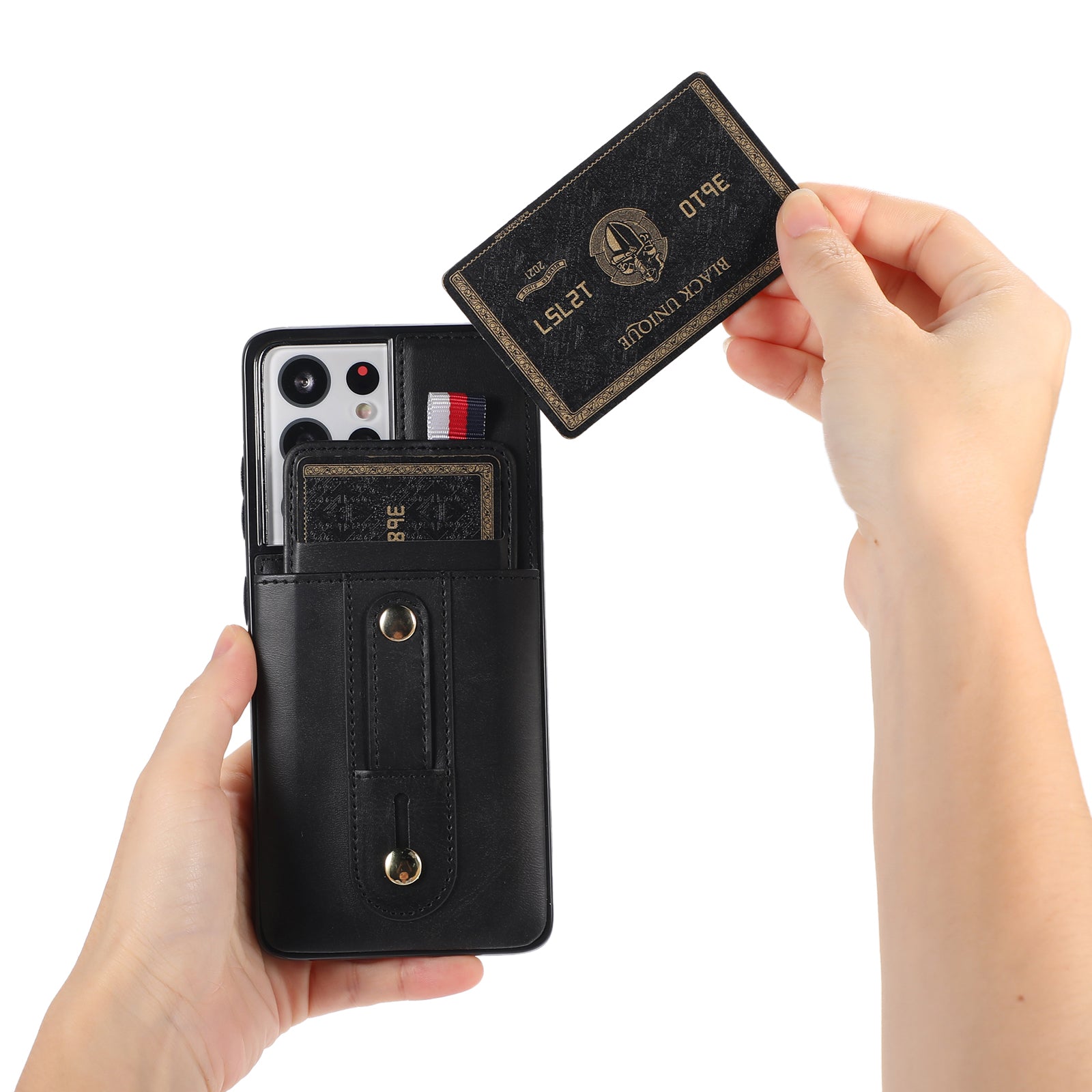 For Samsung Galaxy S21 Ultra 5G Case Drop-proof Card Holder Phone Cover with Retractable Strap Kickstand - Black