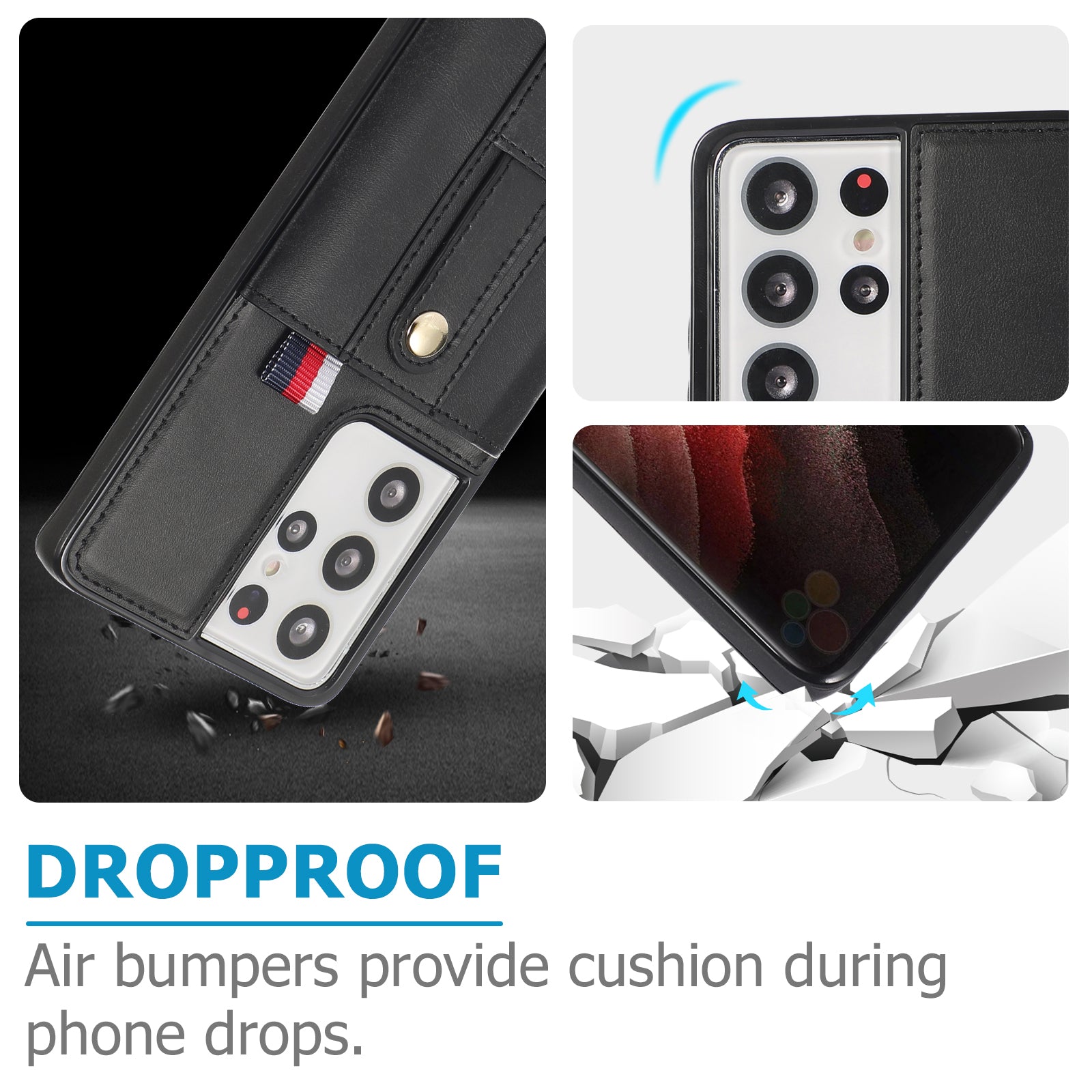 For Samsung Galaxy S21 Ultra 5G Case Drop-proof Card Holder Phone Cover with Retractable Strap Kickstand - Black