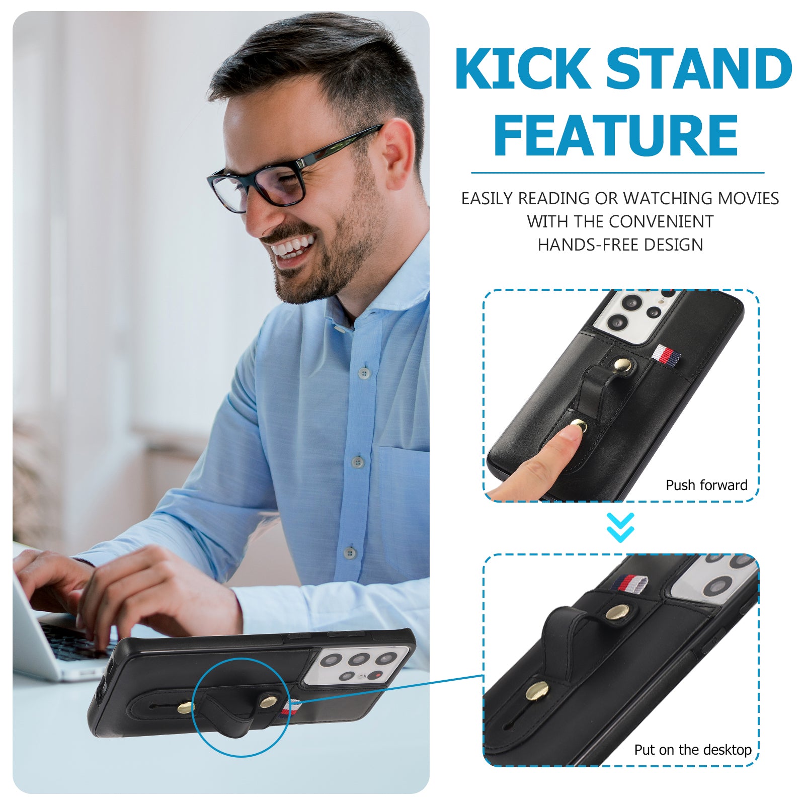 For Samsung Galaxy S21 Ultra 5G Case Drop-proof Card Holder Phone Cover with Retractable Strap Kickstand - Black