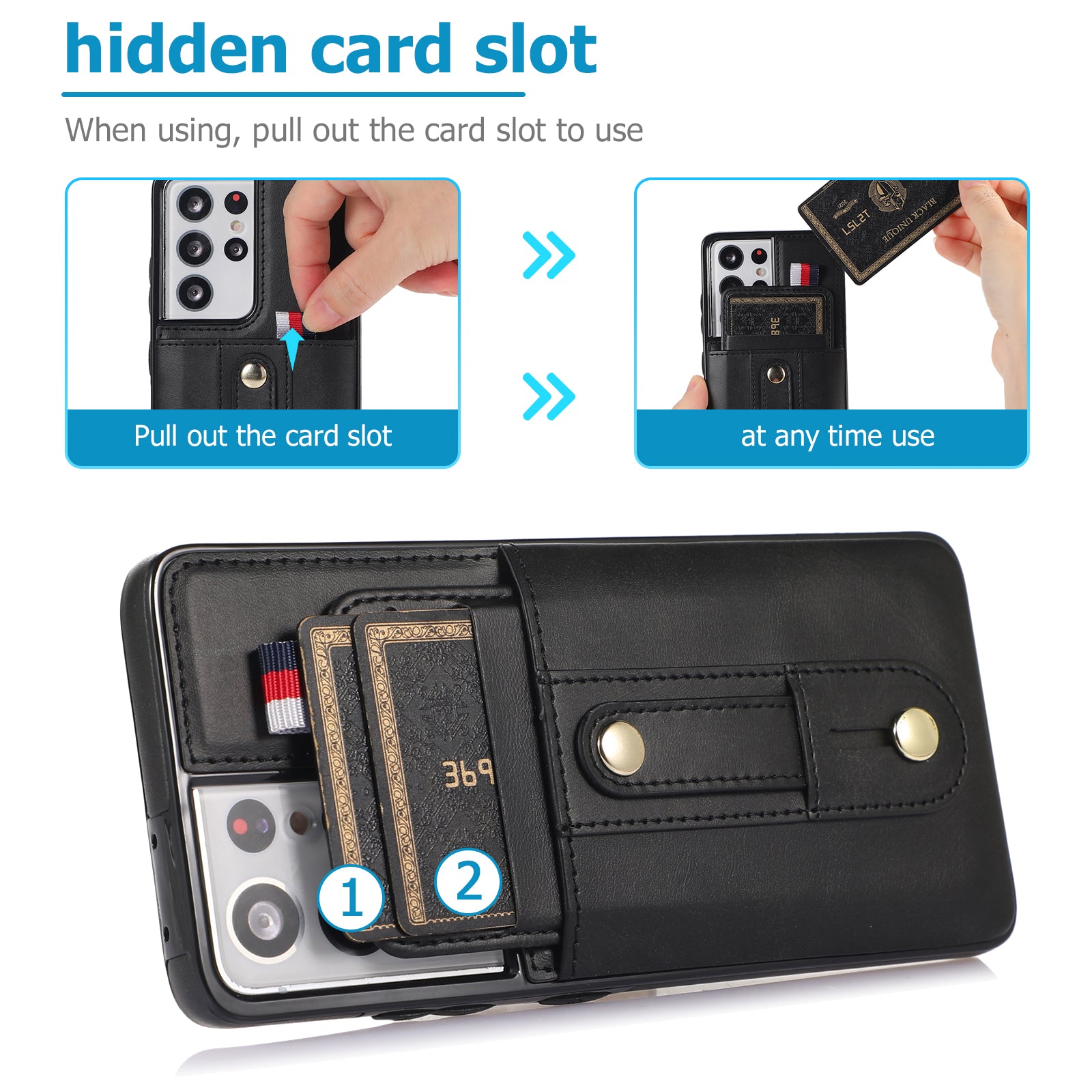 For Samsung Galaxy S21 Ultra 5G Case Drop-proof Card Holder Phone Cover with Retractable Strap Kickstand - Black