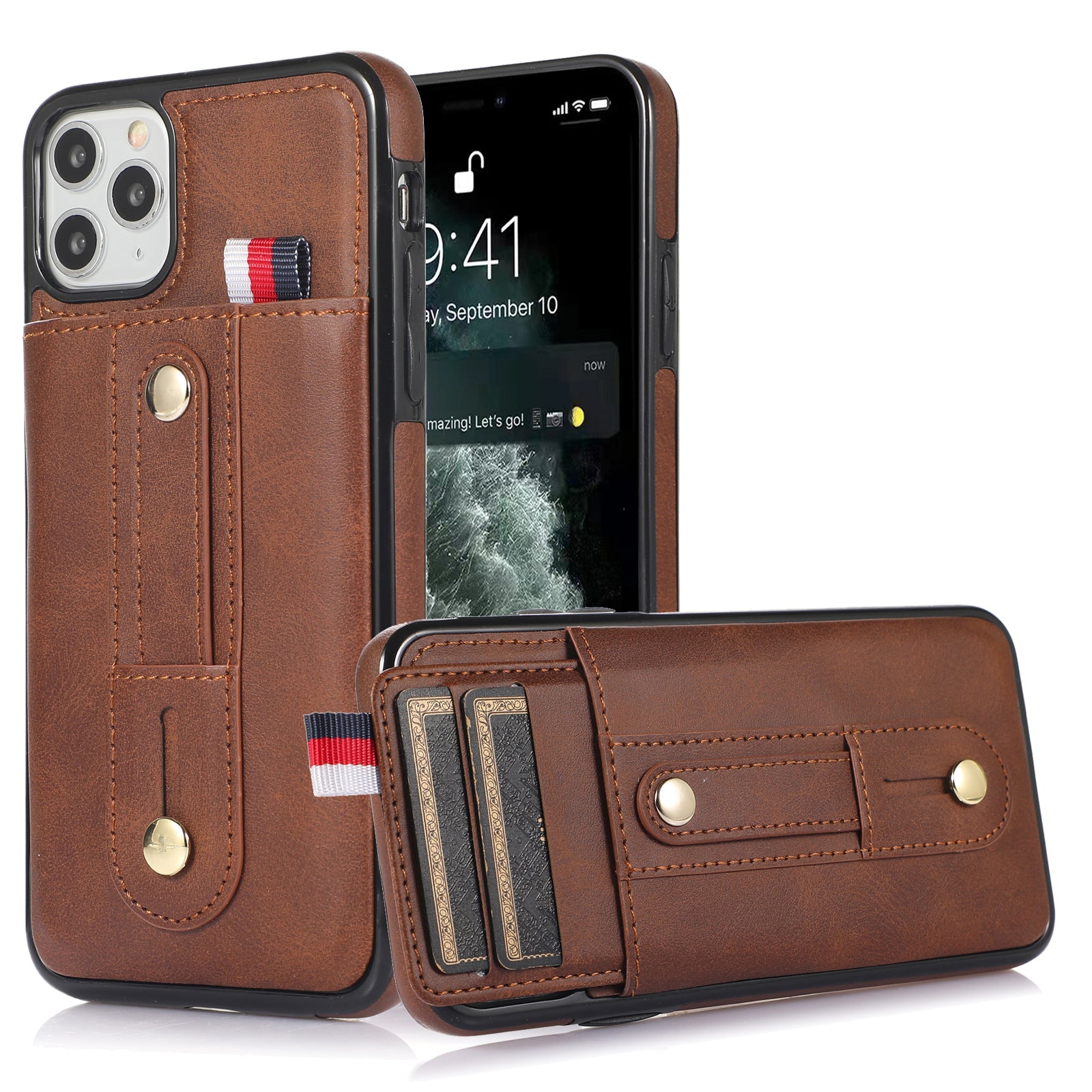 For iPhone 11 Pro Case PU Leather+TPU Hidden Card Holder Drop-proof Phone Cover with Kickstand - Brown