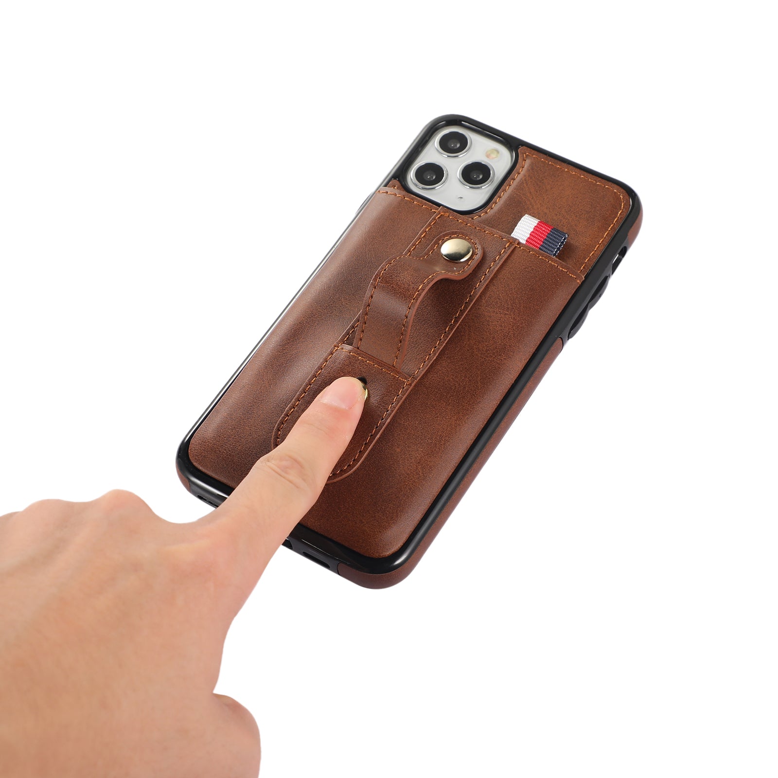 For iPhone 11 Pro Case PU Leather+TPU Hidden Card Holder Drop-proof Phone Cover with Kickstand - Brown