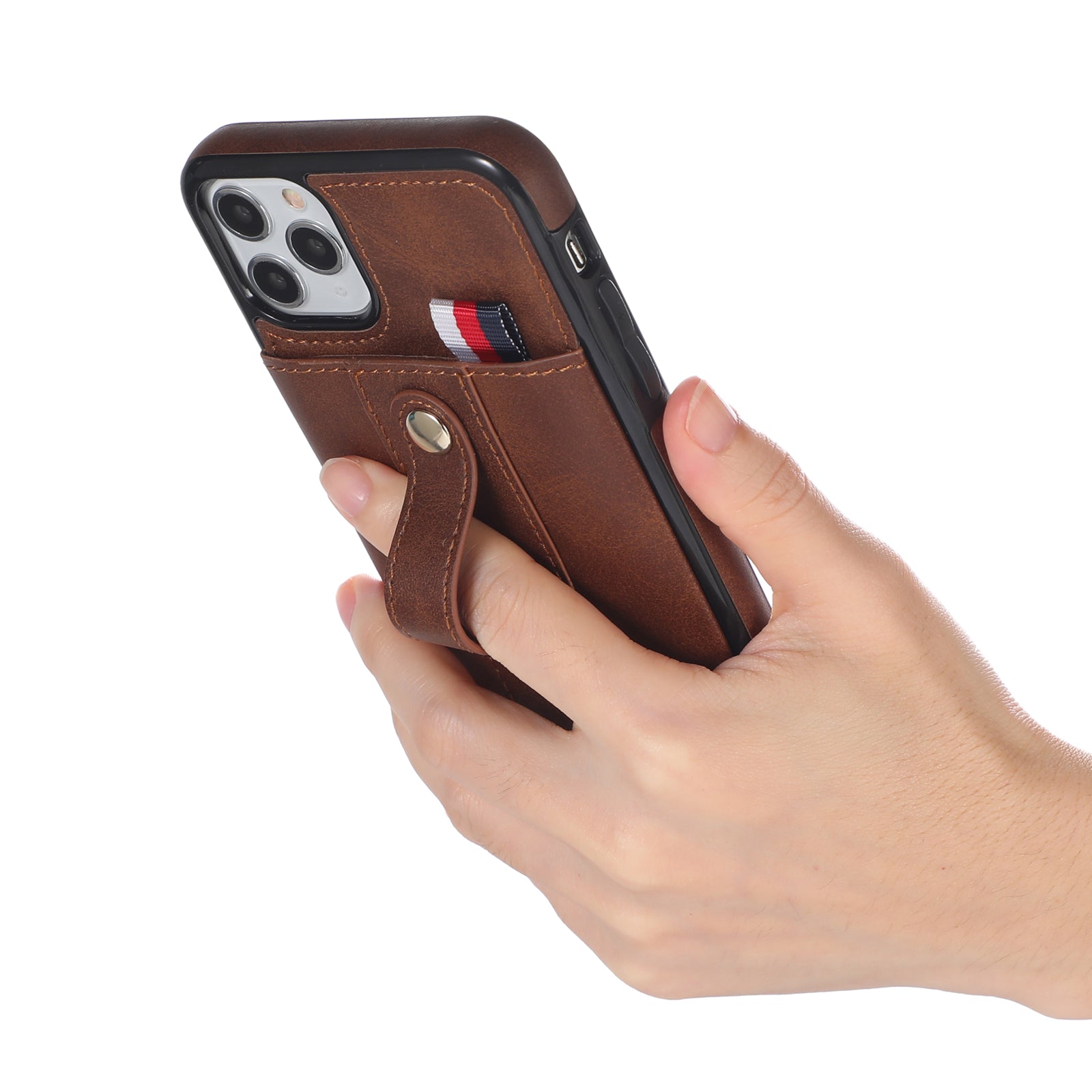For iPhone 11 Pro Case PU Leather+TPU Hidden Card Holder Drop-proof Phone Cover with Kickstand - Brown