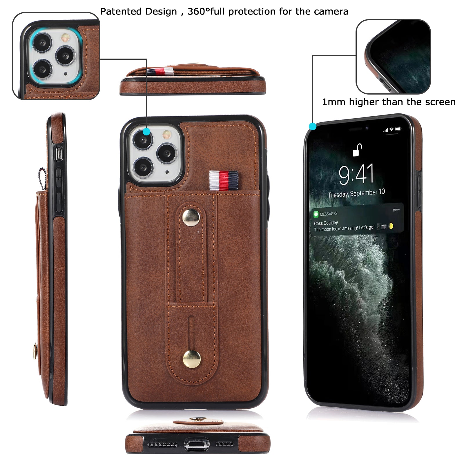 For iPhone 11 Pro Case PU Leather+TPU Hidden Card Holder Drop-proof Phone Cover with Kickstand - Brown