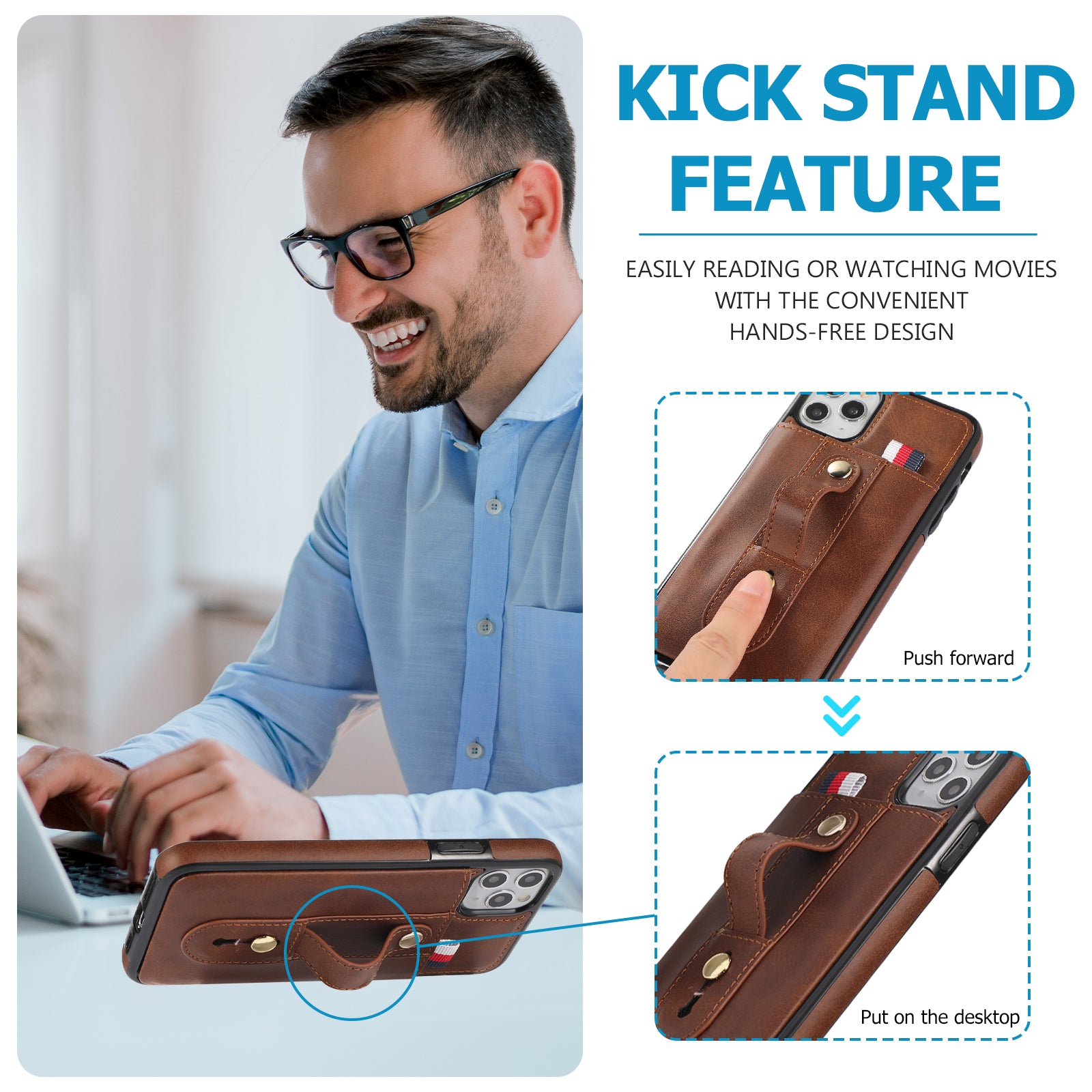 For iPhone 11 Pro Case PU Leather+TPU Hidden Card Holder Drop-proof Phone Cover with Kickstand - Brown