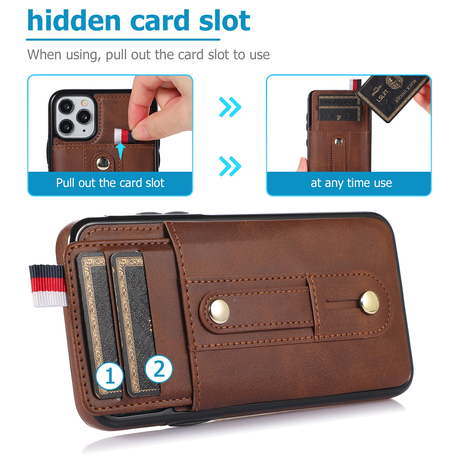 For iPhone 11 Pro Case PU Leather+TPU Hidden Card Holder Drop-proof Phone Cover with Kickstand - Brown