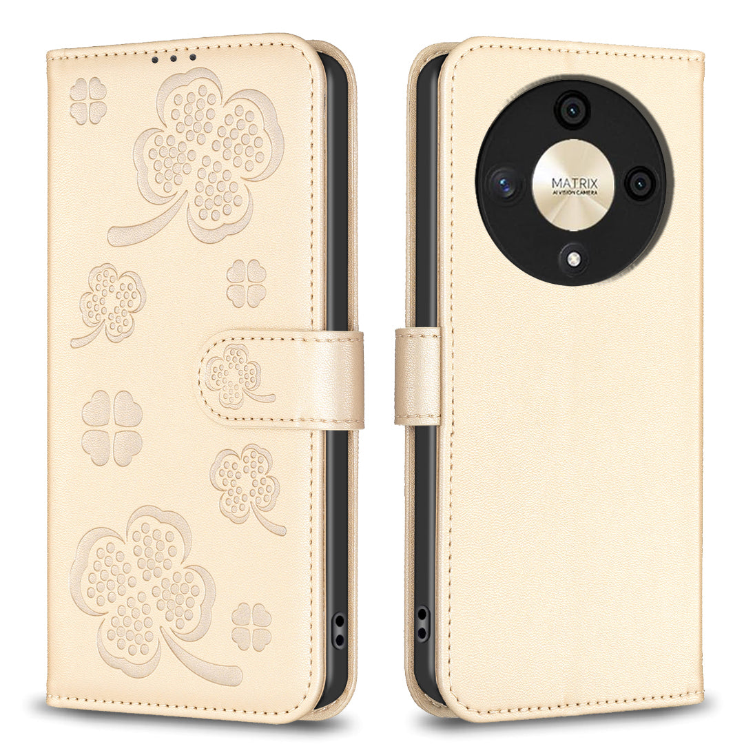 For Honor X9b 5G / Magic6 Lite 5G Case Wallet Leather Case Imprinted Clover Pattern - Gold