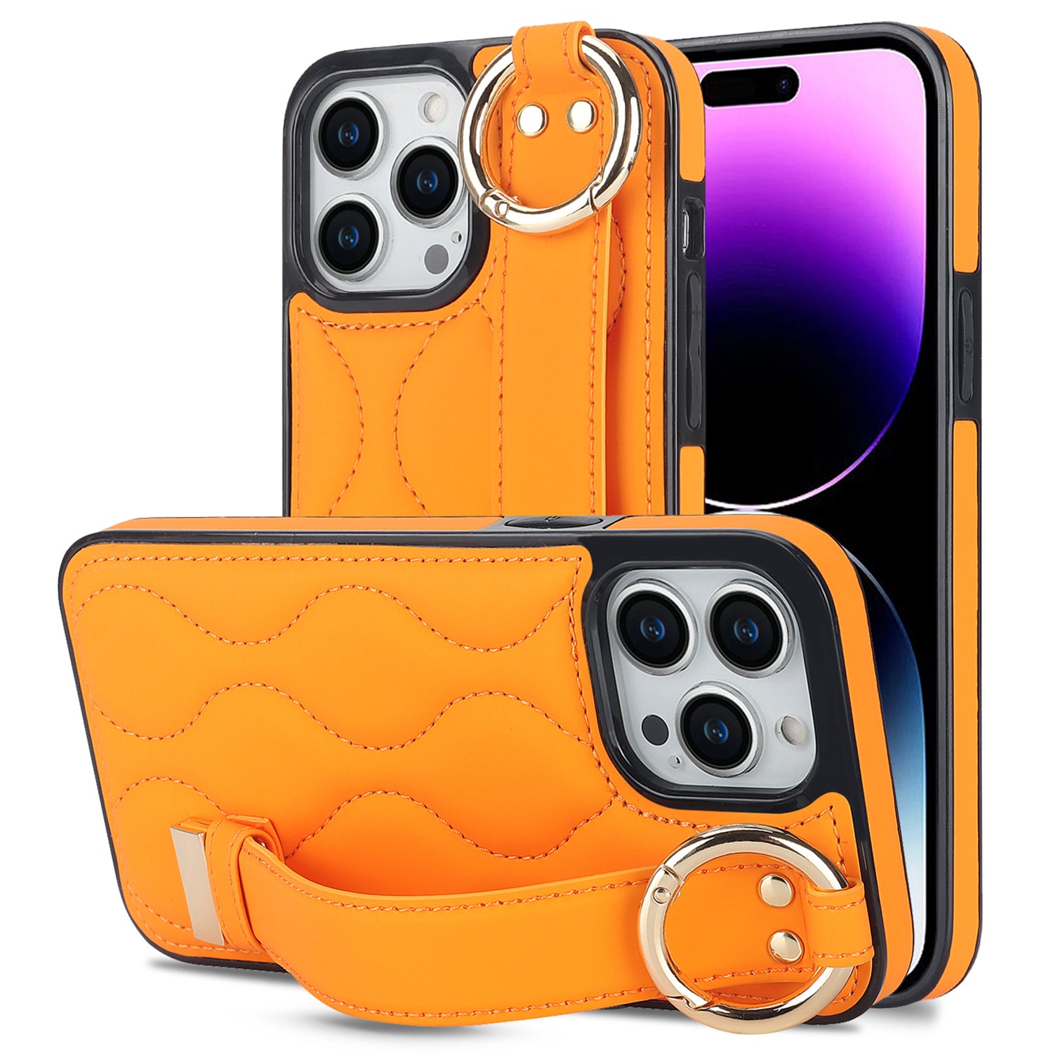 For iPhone 14 Pro Max Case Wave Pattern PU+TPU Kickstand Phone Cases - Orange