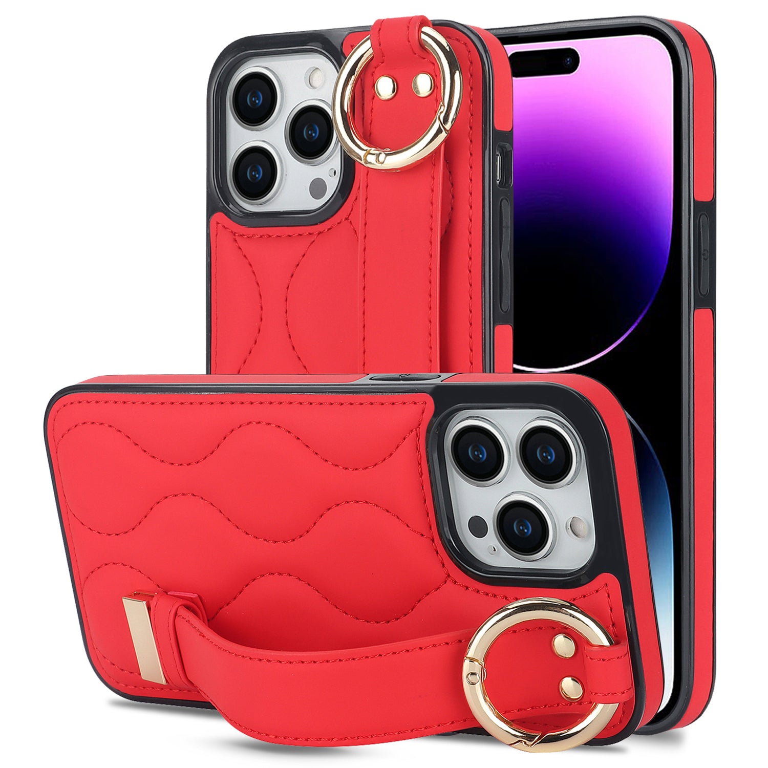 For iPhone 14 Pro Max Case Wave Pattern PU+TPU Kickstand Phone Cases - Orange
