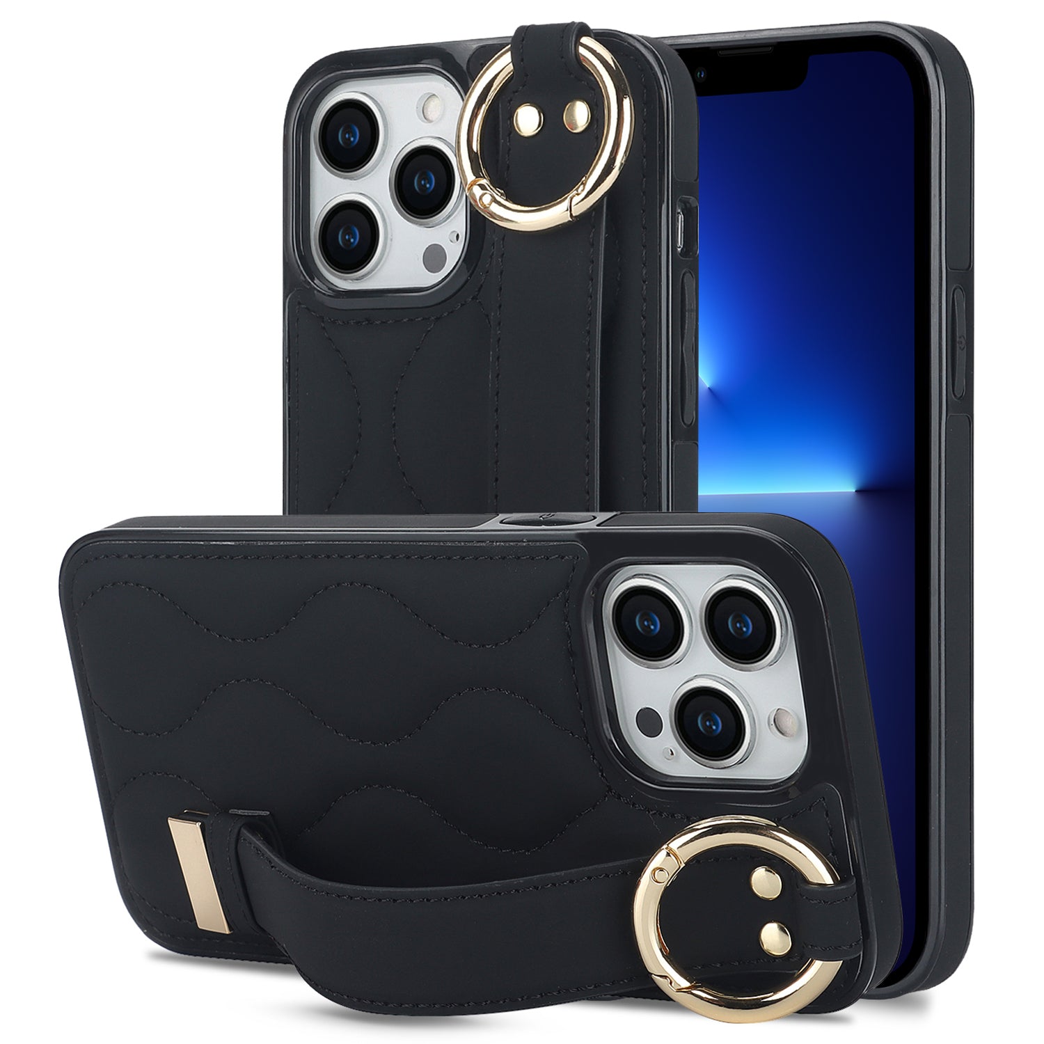 For iPhone 13 Pro Max Kickstand Case Wave Pattern PU+TPU Anti-Drop Phone Case - Black