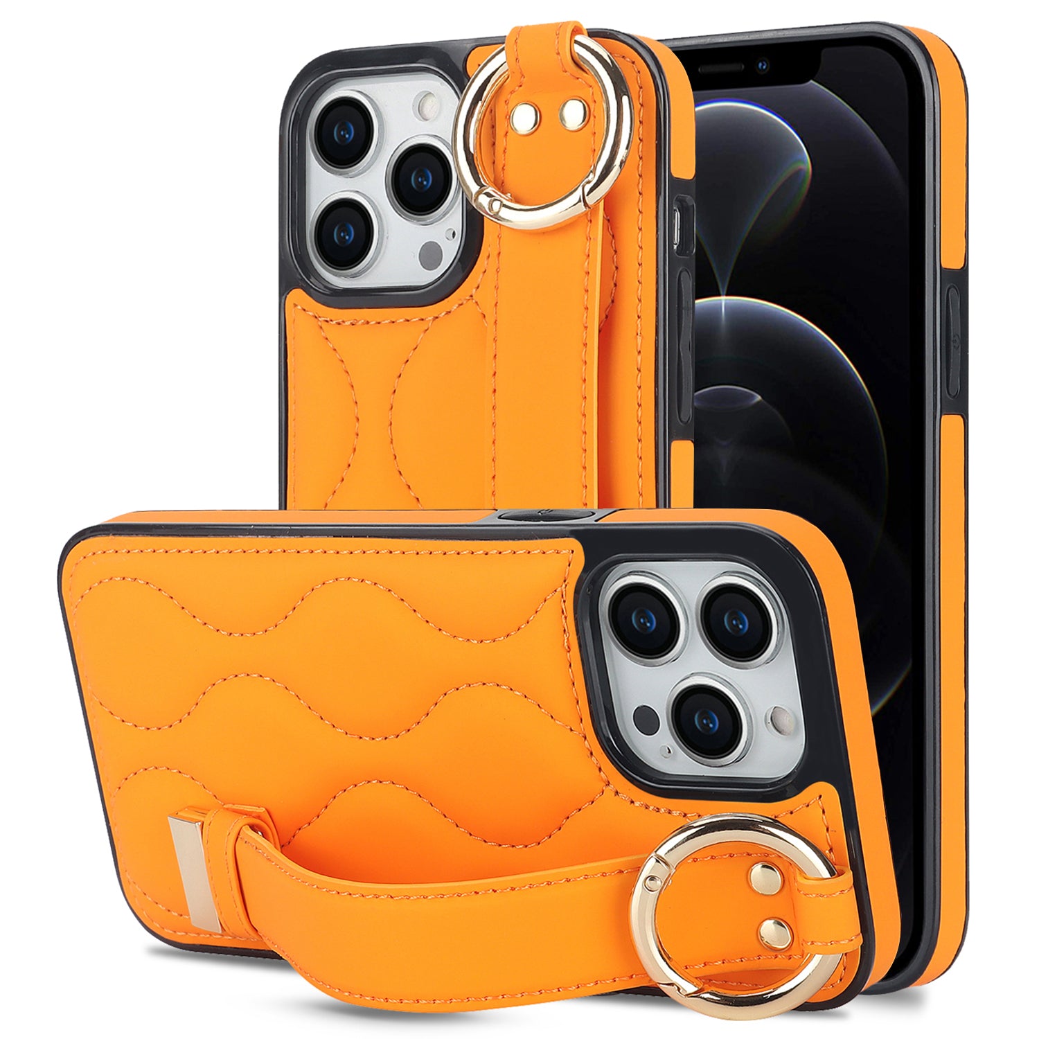 For iPhone 12 Pro Max Shockproof Case Wave Pattern PU+TPU Kickstand Phone Cover - Orange