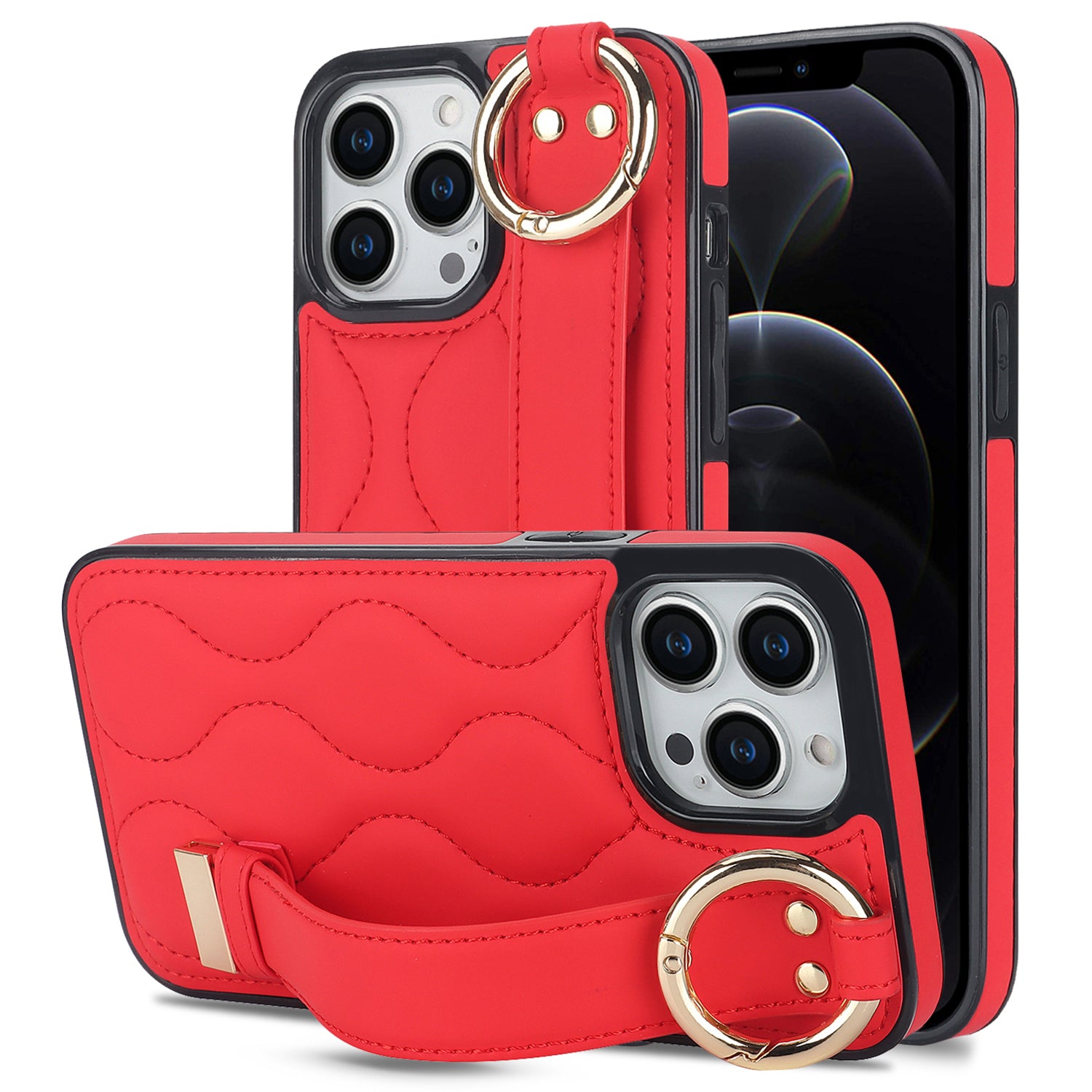For iPhone 12 Pro Max Shockproof Case Wave Pattern PU+TPU Kickstand Phone Cover - Orange