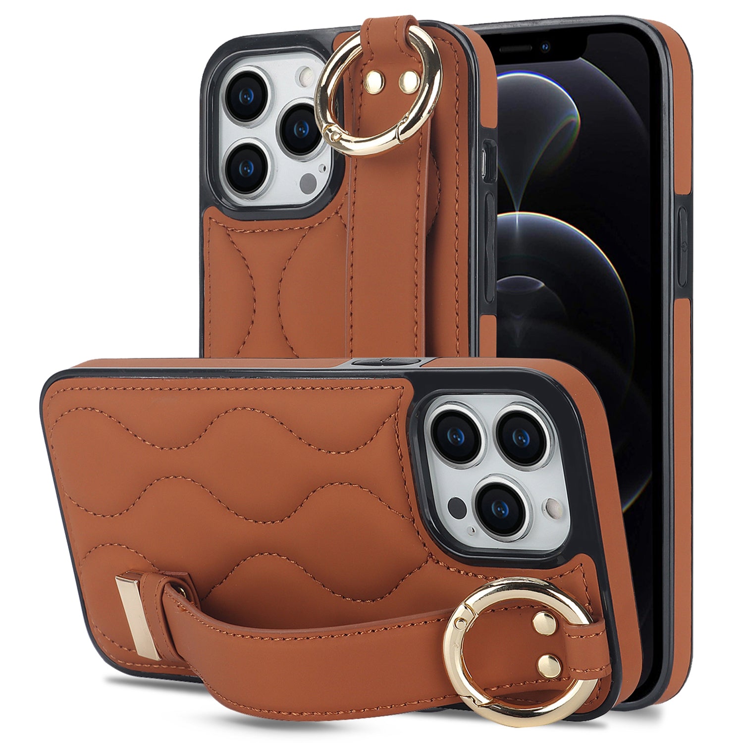 For iPhone 12 Pro Max Shockproof Case Wave Pattern PU+TPU Kickstand Phone Cover - Orange
