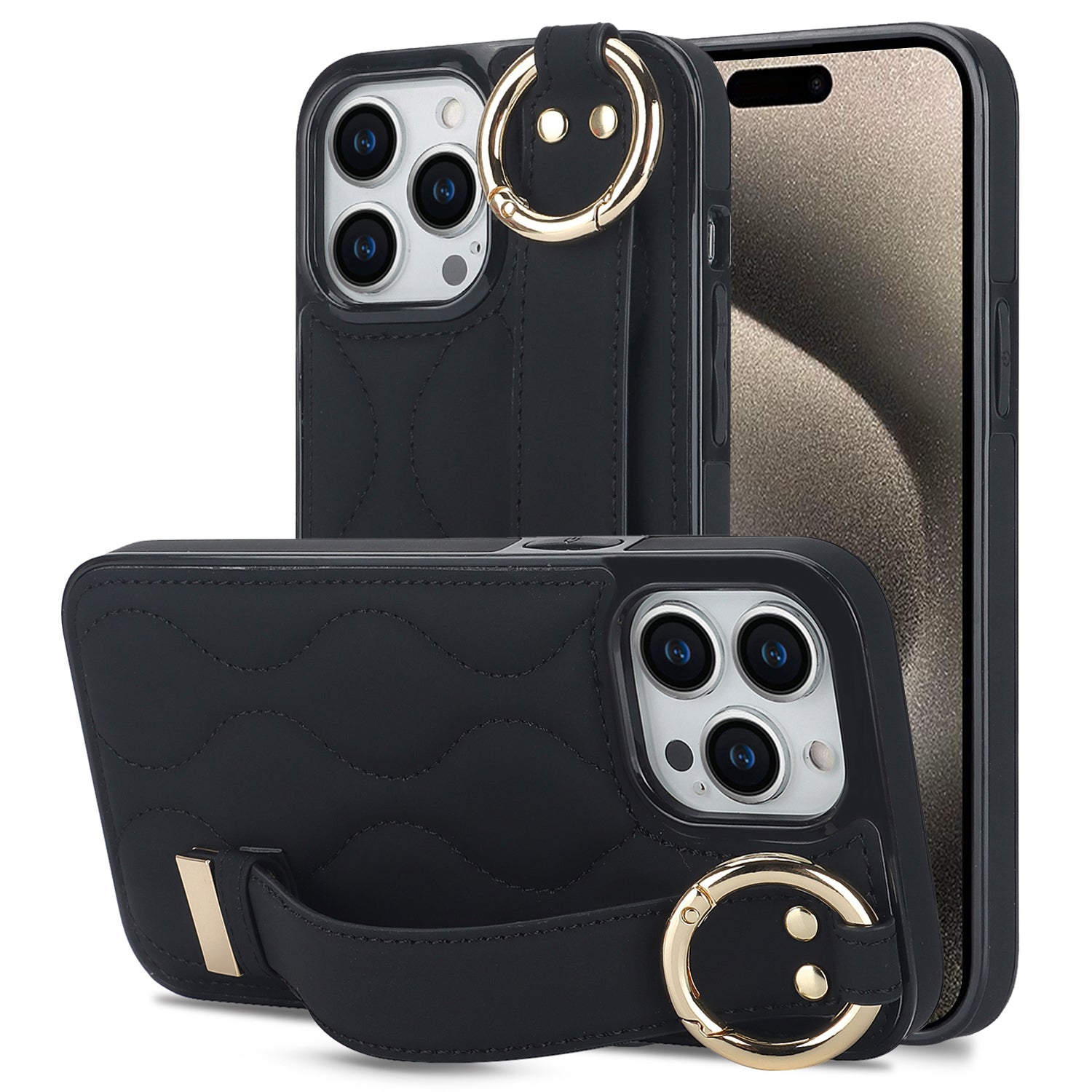 For iPhone 15 Pro Max Case Wave Pattern Kickstand PU+TPU Phone Case - Black