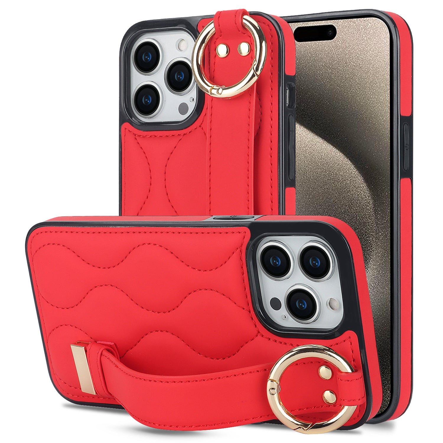 For iPhone 15 Pro Max Case Wave Pattern Kickstand PU+TPU Phone Case - Black