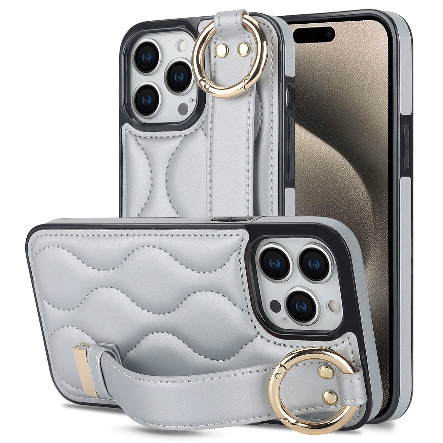 For iPhone 15 Pro Max Case Wave Pattern Kickstand PU+TPU Phone Case - Black