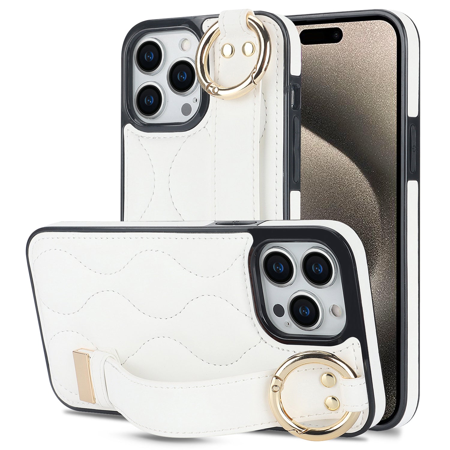For iPhone 15 Pro Max Case Wave Pattern Kickstand PU+TPU Phone Case - Black