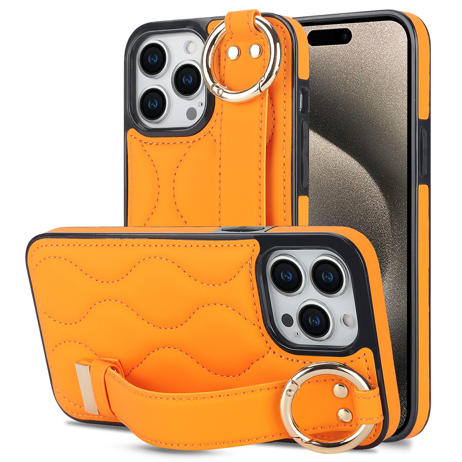 For iPhone 15 Pro Max Case Wave Pattern Kickstand PU+TPU Phone Case - Black